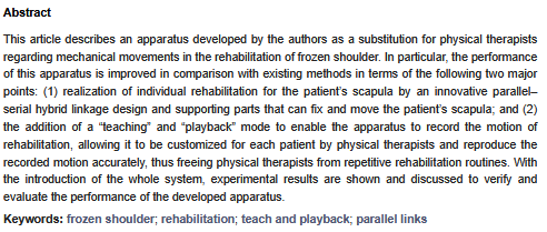 RoboticsMDPI's tweet photo. #EnjoyYourReading
📖 Development of a Rehabilitation Apparatus for Frozen Shoulder Enabling Total Motion of Shoulder Complex
👉 https://t.co/D36G0pNMcT
✍ By Xiao Sun, Koji Makino, Daichi Kurita, Hiromi Kaneko, Kazuyoshi Ishida and Hidetsugu Terada

#Robotics #frozenshoulder https://t.co/XBGBLtUwZq