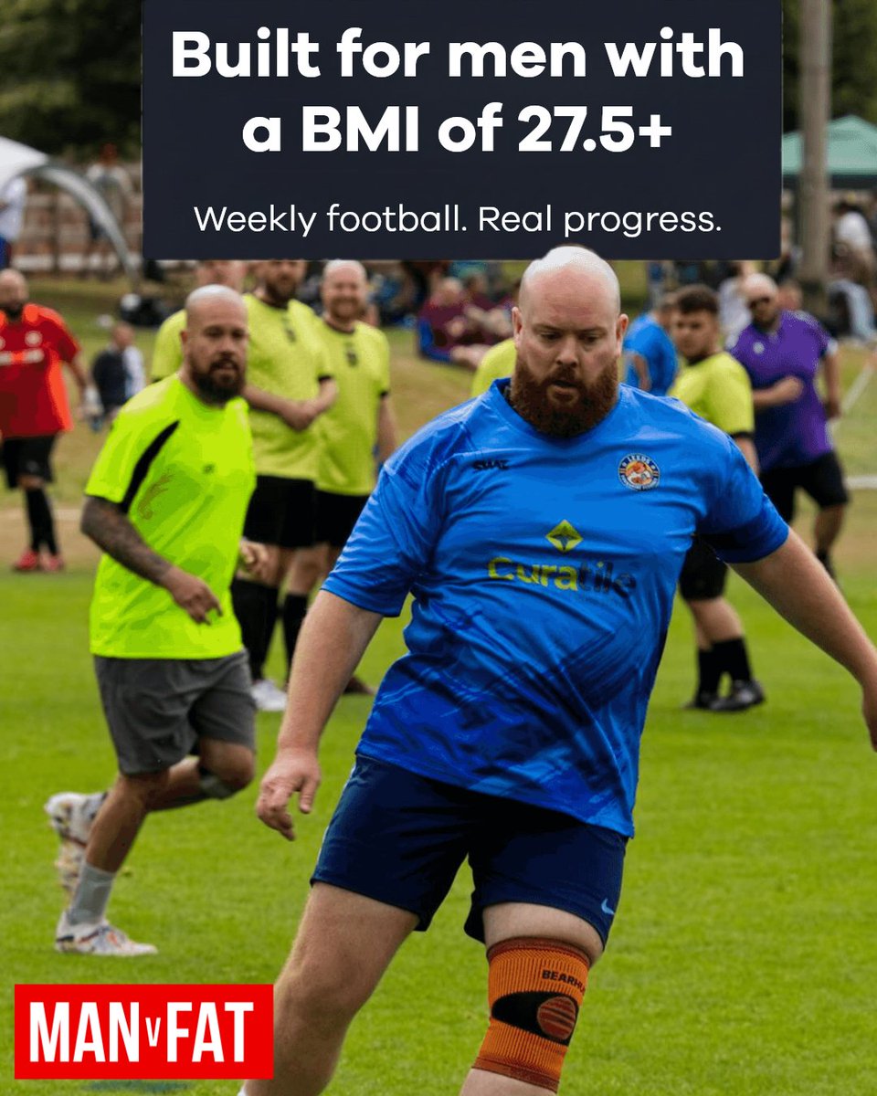 manvfat's tweet photo. BMI of 27.5 or over? MAN v FAT Football gives you a weekly weigh-in, a game, and a team that keeps you showing up. You can lose weight while you play. 

Take the first step today. https://t.co/wMXGdvSkqI