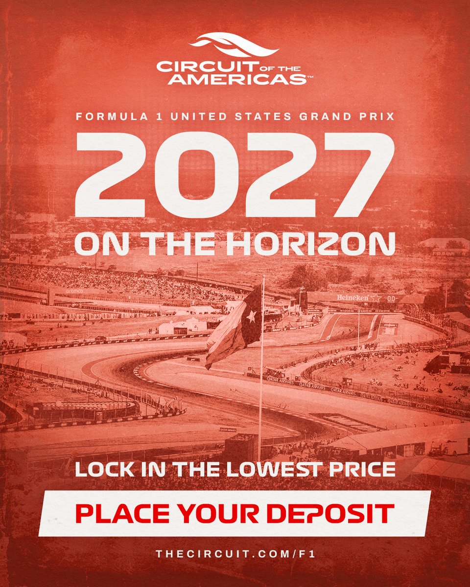 COTA's tweet photo. It's official: the #USGP is back at COTA in 2027! Place a deposit for 2027 to lock in early-bird pricing at our lowest available rate NOW ➡️ Link in Bio https://t.co/XQ4G35Dx8I