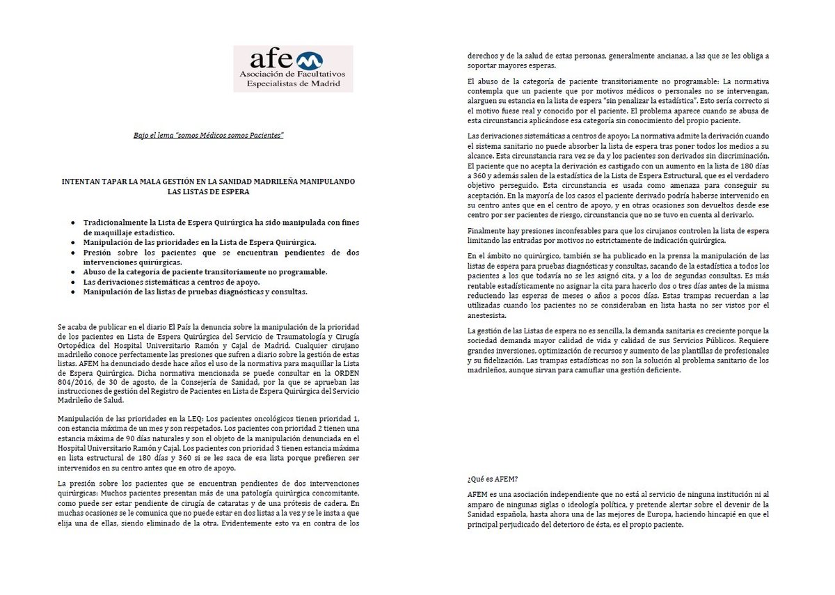 AFEM2012's tweet photo. Comunicado AFEM sobre la manipulación de las Listas de Espera en Madrid.
Expedientar al denunciante es la forma más directa de asumir la culpabilidad de la consejería en este asunto. https://t.co/VlMirYeZQJ