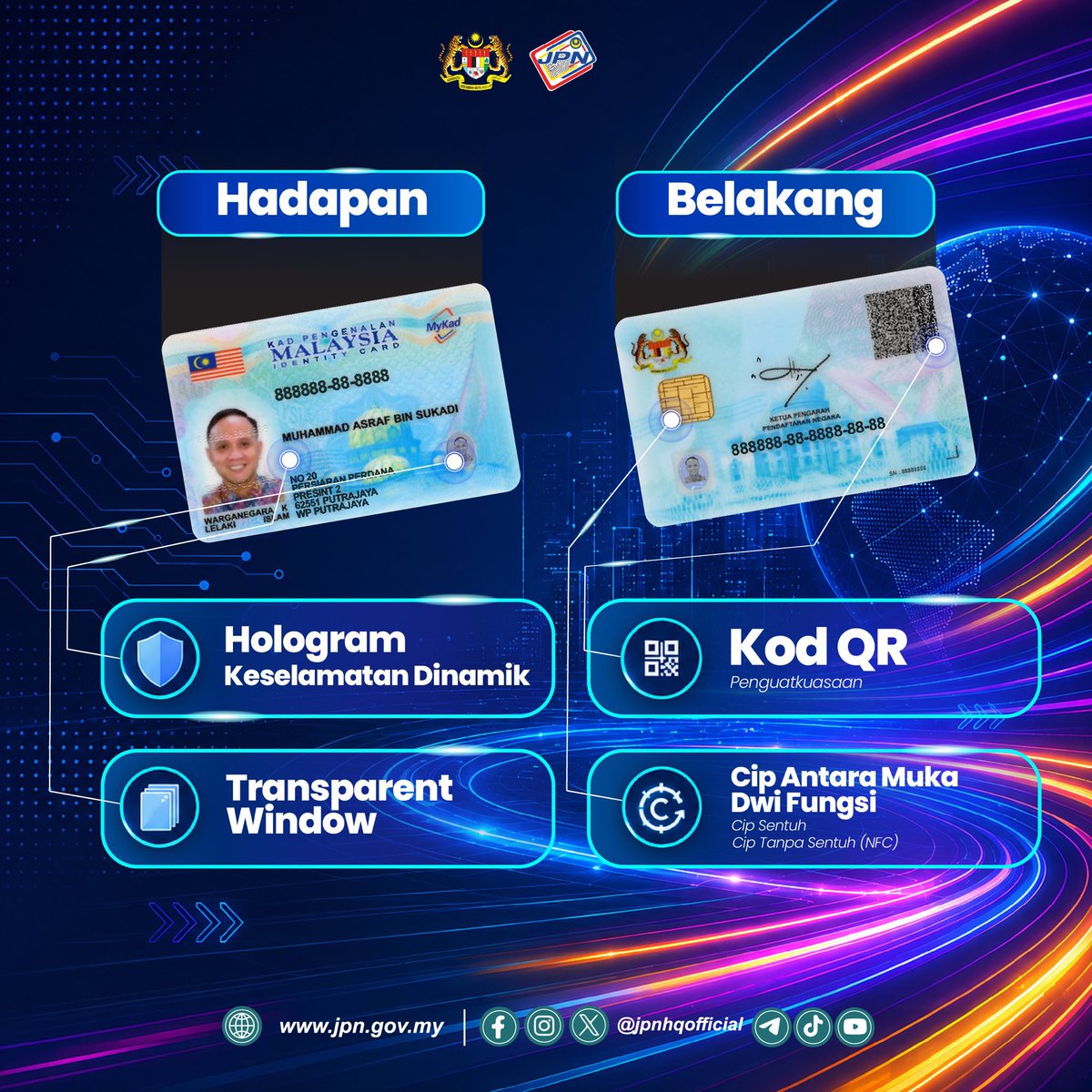 tech_lagi's tweet photo. MyKad generasi baharu dah diperkenalkan.

Ia hadir dengan ciri 
- turihan laser
- ultraungu
- hologram
- guilloche
- NFC
- teks mikro
- kod QR

Ia boleh dipohon bermula 17 September 2026, di lebih 40 cawangan JPN seluruh negara.

Cantik tak? https://t.co/62EqtHx0PT