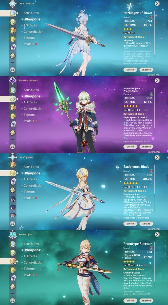 frostared's tweet photo. I bought Battle Pass for the first time and i don't know which weapon to get from this!? 

NOTE: I'm going to pull for Vodyanista and 5 star Clorinde, as I have Cryo Traveler, Odette, Alyosha and Jean as my main team! 

and these are the weapon i have and the main characters AR45 https://t.co/s6yHajjAsu