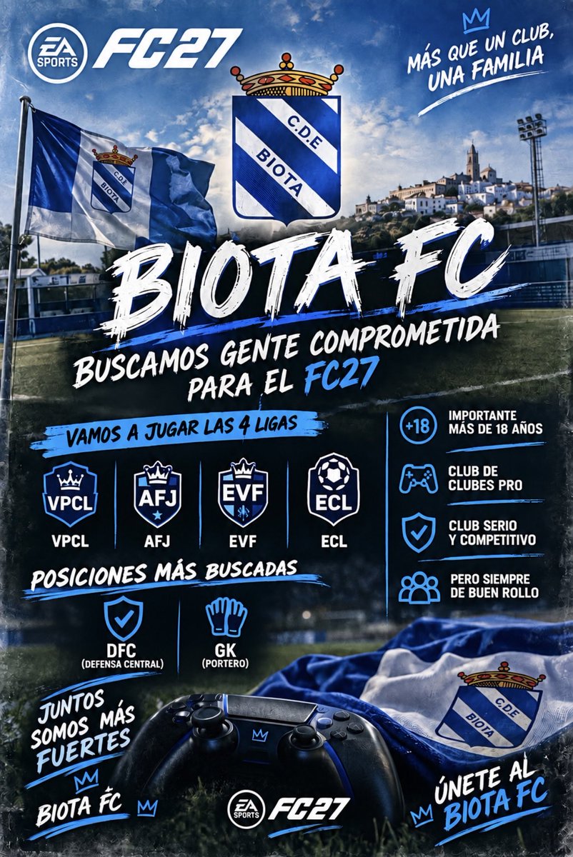 BiotaFC's tweet photo. Buscamos gente de pruebas para terminar de cerrar plantilla de cara al FC27.
Somos un equipo competitivo con muy buen rollo.
Ven y compruébalo.

@_chocolate3000 @AyudaInfoClubes 
@jugadores_eafc
@ClubesSinPlan
@AyudasCPro
@fichajes_clubes
@VPGMarketOffic https://t.co/pEwAo1ASQ9