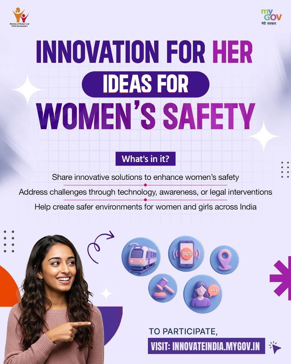 transformIndia's tweet photo. Safer spaces start with bold ideas.

Innovation for Her: Ideas for Women’s Safety invites innovative, scalable and impactful ideas that can help enhance women’s safety across diverse socio-economic settings.

Have an idea that can make a difference? Bring it forward!

🔗 https://t.co/fGxx20OVZD

#InnovationForHer #WomensSafety

@MinistryWCD