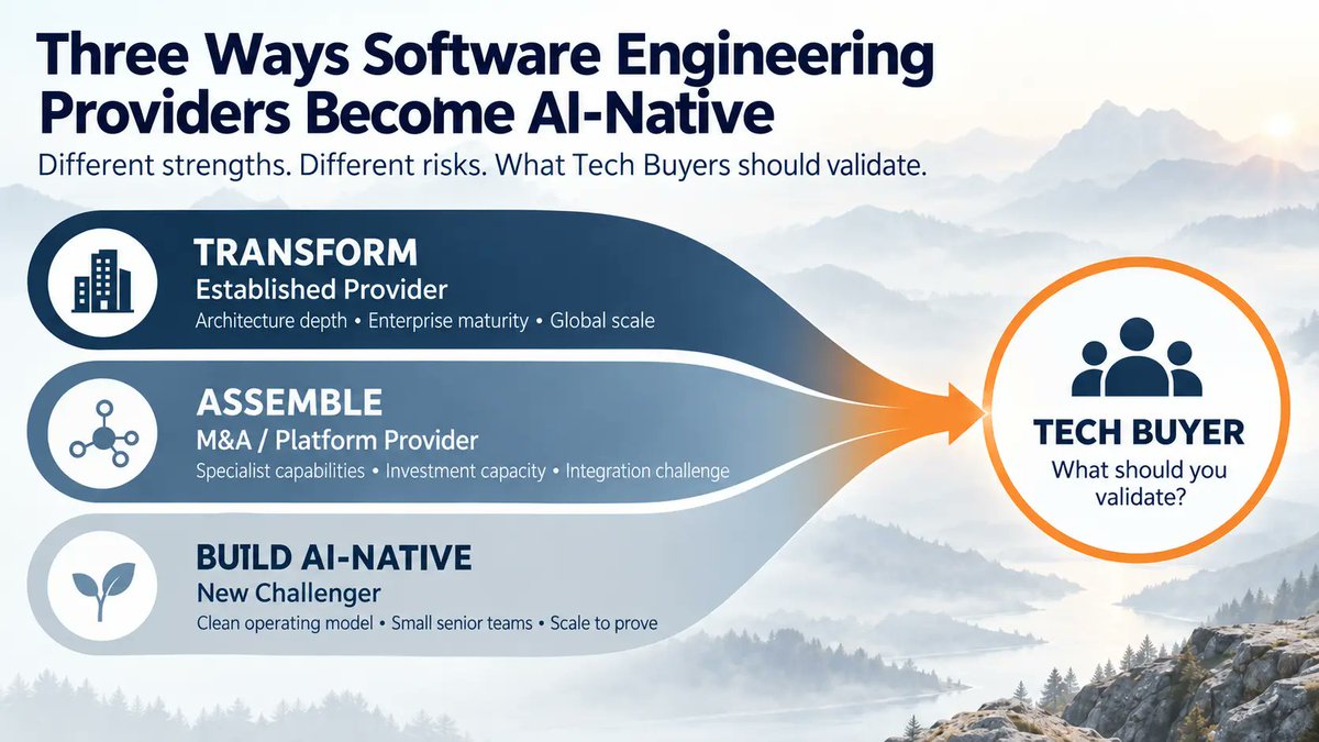 phelfe's tweet photo. I don’t think the AI-native winners will all look alike.

Established providers bring enterprise depth. M&amp;A platforms can combine specialist capabilities. Challengers can design around AI from day one.

Each starts with an advantage — and a different risk to validate. https://t.co/kQGWkWTNdV