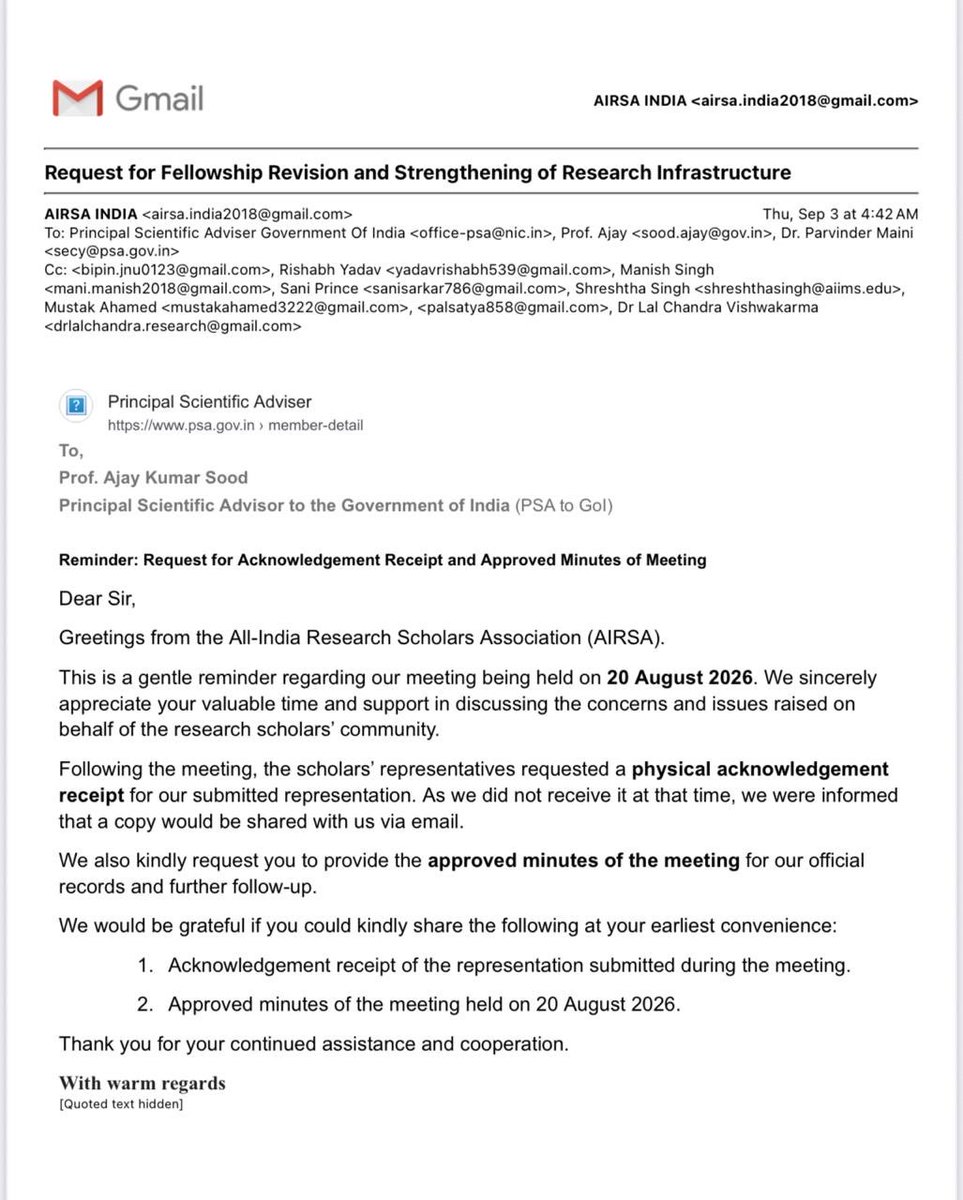 AIRSAIndia's tweet photo. A major concern in Indian science is accountability. Researchers seek meetings and answers on genuine issues, yet emails often go unanswered. Even after our meeting with the @PrinSciAdvOff , we are still awaiting an official receipt/record despite follow-ups @AjaySoodIISc https://t.co/8TLO93BVbF