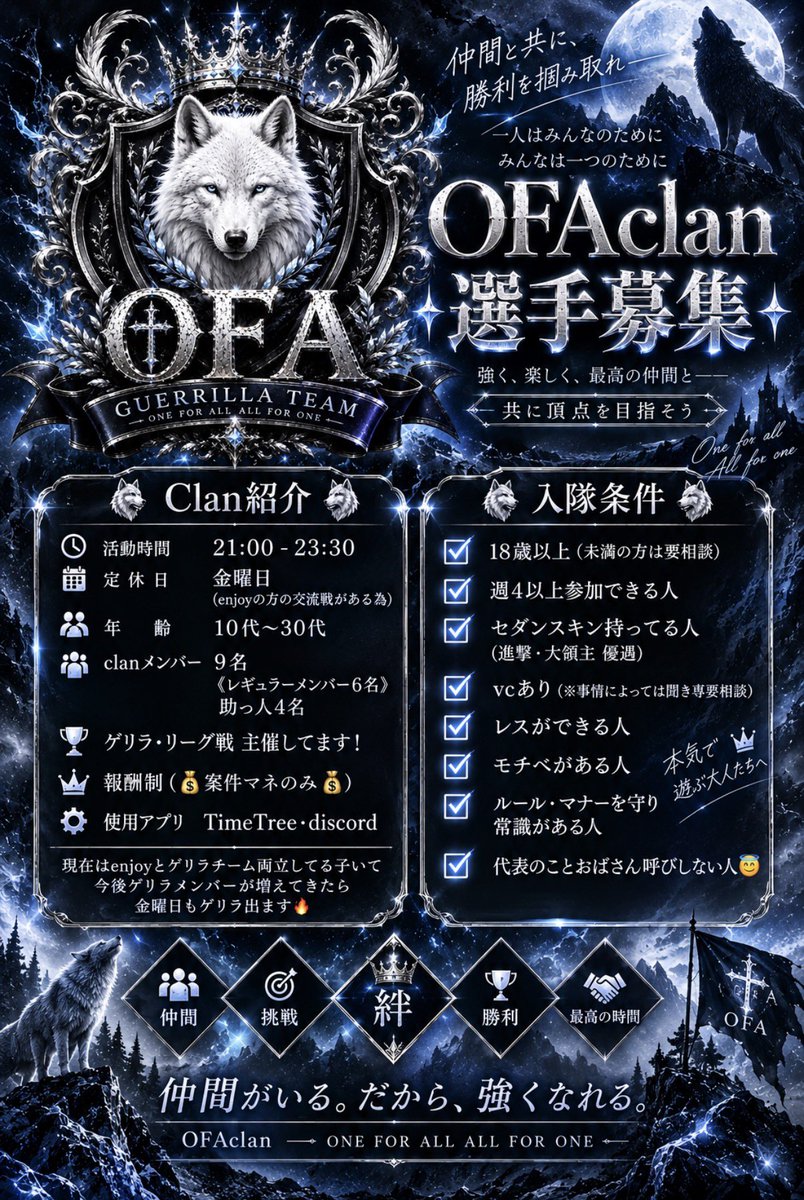 _OFA1101's tweet photo. 🐺OFA選手募集🐺

年齢￤
実績￤※再建チームなのでなくても⭕️
端末￤
車スキン￤
活動時間￤
出席率￤
自己PR ￤

🐺上記を記入し@_OFA1101 にDM

🐺仮入隊期間は1週間《持ち物はやる気のみ》

#荒野行動
#クランメンバー募集  
#ゲリラ選手募集
#メンバー募集 
#クラン先募集  
#選手募集 https://t.co/lc7AeHVSVH