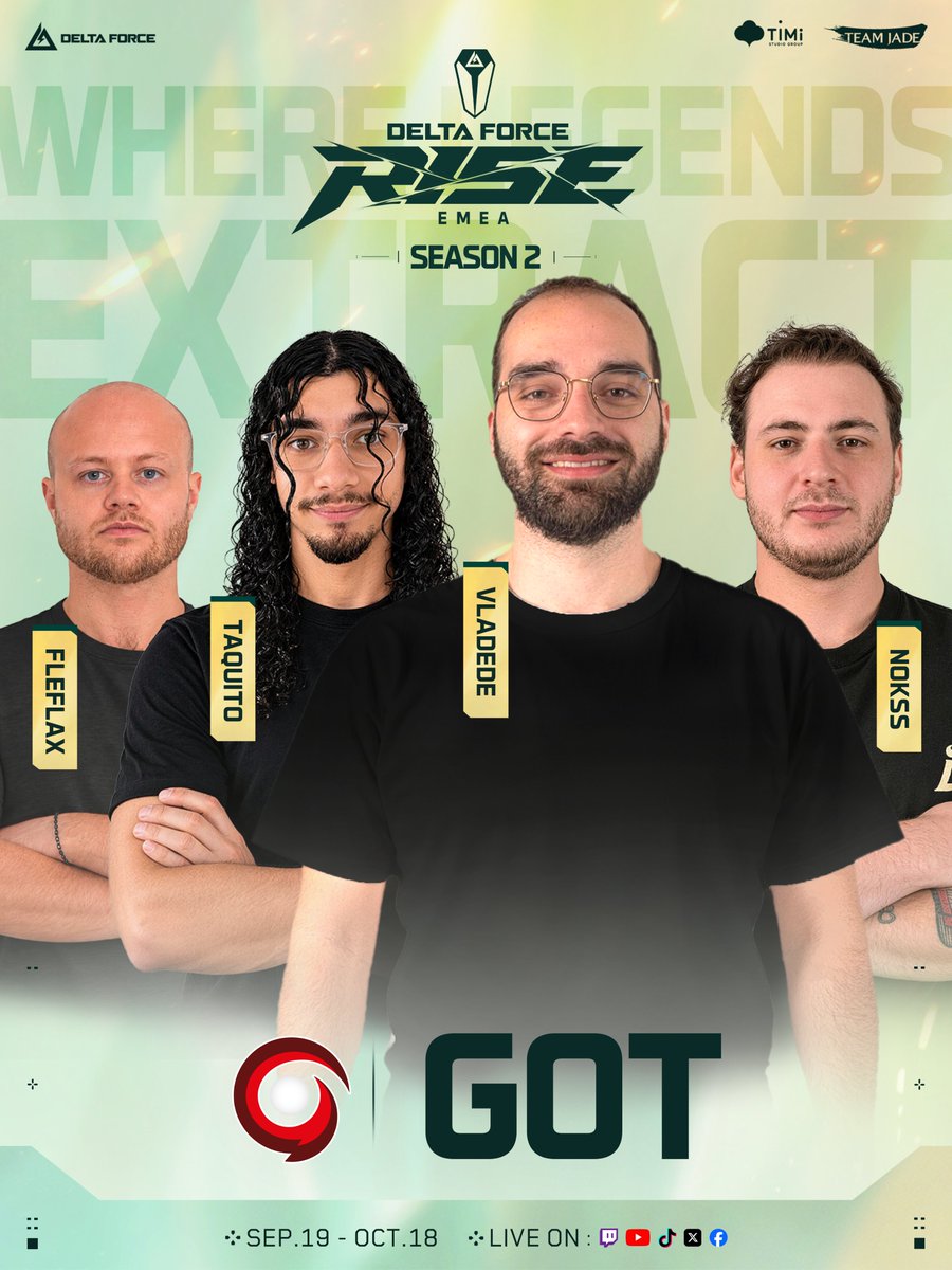 DFGameEsports's tweet photo. Meet your RISE Series EMEA S2 teams — 2/3

@FNATIC
@GotagaTV
@GIANTXGG
REC

Four more teams joining the fight.

RISE Series returns on September 19.

#DeltaForce #DFesports #DFRise https://t.co/2s0e3z6zmD