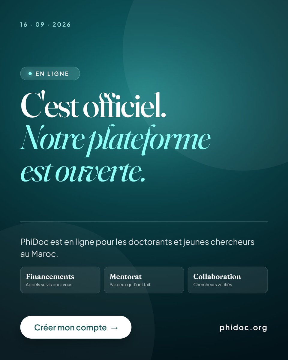 PhiDoc_org's tweet photo. Nous sommes extrêmement fiers d’annoncer le lancement officiel de PhiDoc💚🩵, la plateforme tout-en-un dédiée à structurer, connecter et révéler notre écosystème de recherche.🧬
#PhiDoc #EdTech #RechercheScientifique #Maroc https://t.co/4mLLmkAKZp
