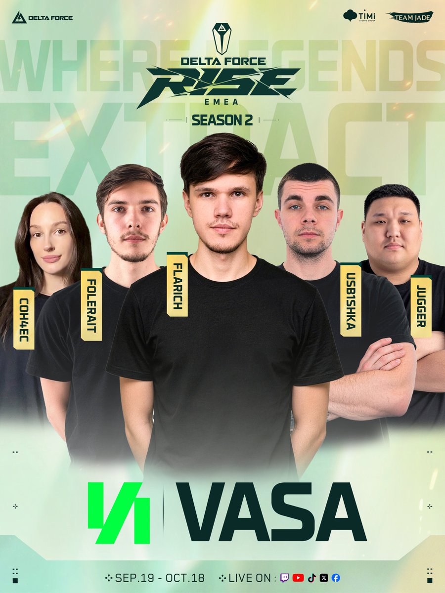 DFGameEsports's tweet photo. Meet your RISE Series EMEA S2 teams — 3/3

VASA
@WIP_EsportsTeam
@WLGgr
@9zTeam

The final four complete the EMEA lineup.

See you on September 19.

#DeltaForce #DFesports #DFRise https://t.co/oi0L0UOGWB