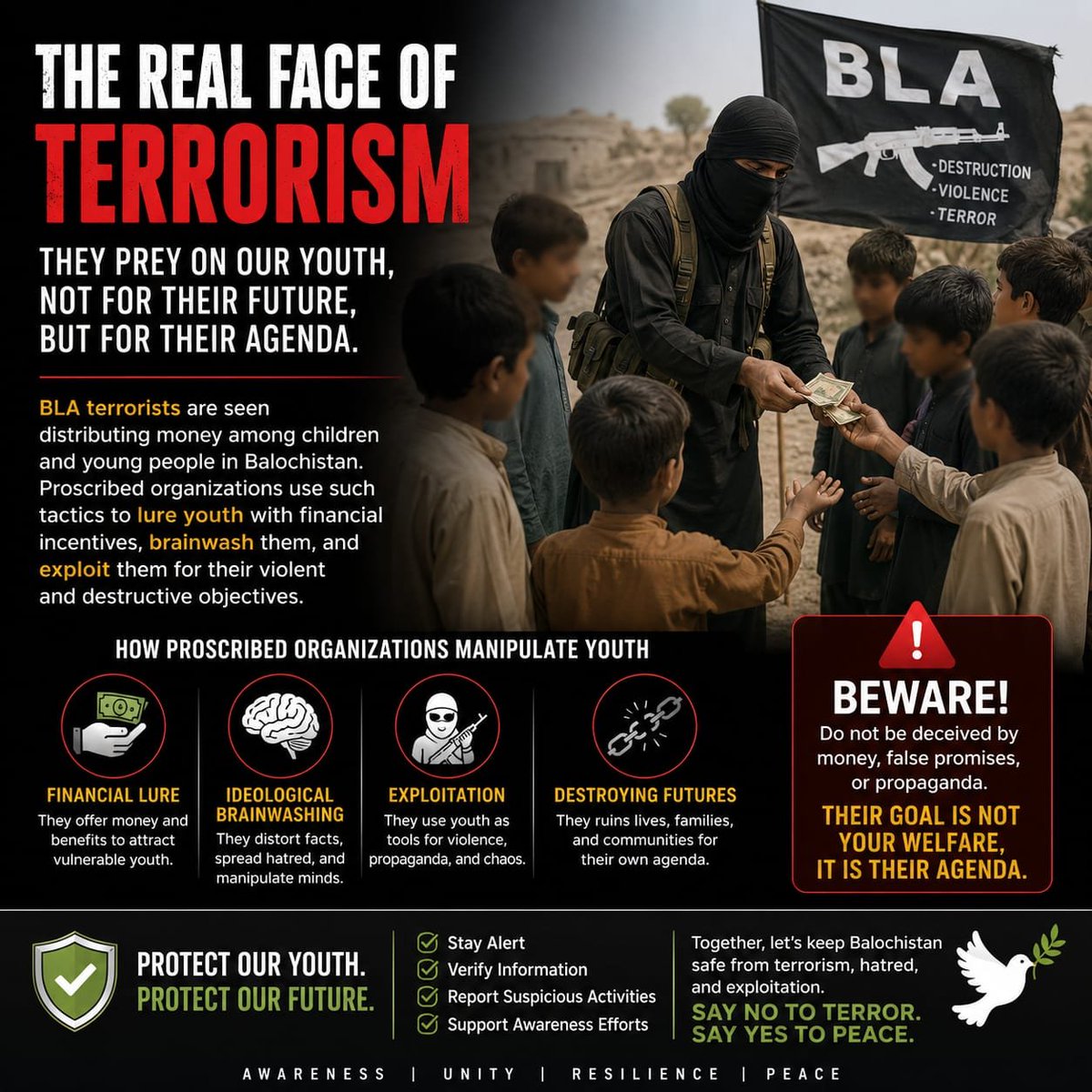 AQumbarni88299's tweet photo. Extremist groups can exploit financial hardship to influence vulnerable youth. Protecting Balochistan’s young people requires awareness, education, opportunity, and community vigilance against recruitment.
#Balochistan #ProtectYouth #CounterExtremism #Pe https://t.co/XU9teqdulP