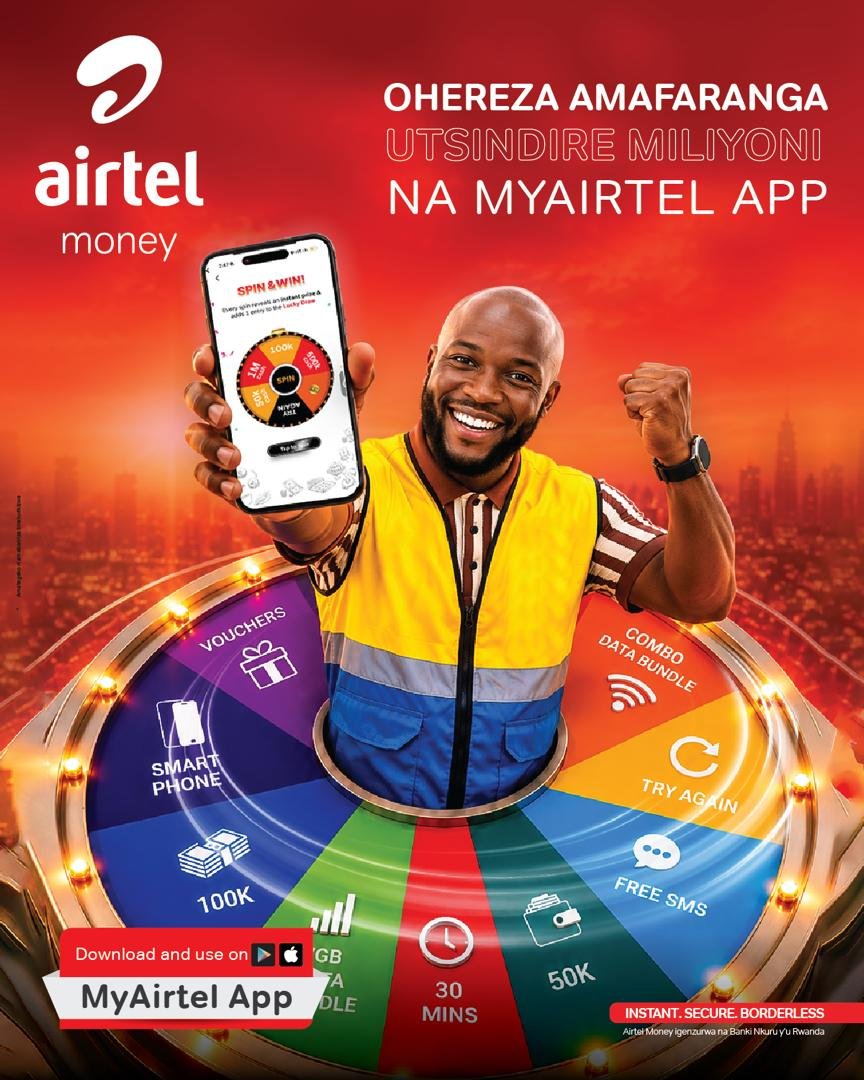 airtelrw's tweet photo. Ohereza amafaranga utsindire andi na #MyAirtelApp 😎

Yidownloadinge kuri App store cyangwa Play store yawe hano: https://t.co/17gxCUi5xf, nawe ube mu banyamahirwe batsindira ibihembo bishimishije. 

#HitamoIbirenze. https://t.co/9SEoJIUzib