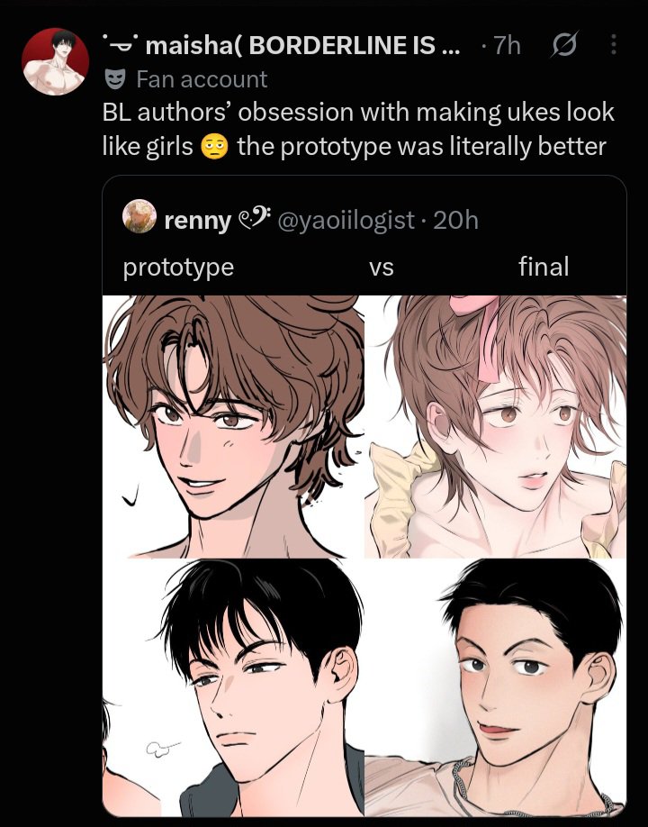 jaedannshan's tweet photo. "making ukes look like girls" not y’all acting like femininity is a character design downgrade 😭 the misogyny is peeking through the cracks https://t.co/cCWLfSh50Q