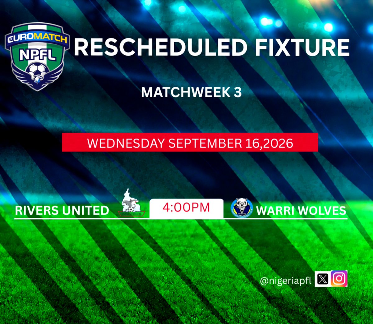 NigeriaPFL's tweet photo. MATCHDAY 💪🏾

Today, it’s the rearranged #EUROMATCHNPFL fixture:

@RiversUnitedFC 🆚 @theWarriWolves

🕓 4pm 🇳🇬
🏟️ Adokiye Amiesimaka Stadium 
📍 Port Harcourt 

#RIVWOL
#NPFL27 https://t.co/peNgCiHzST