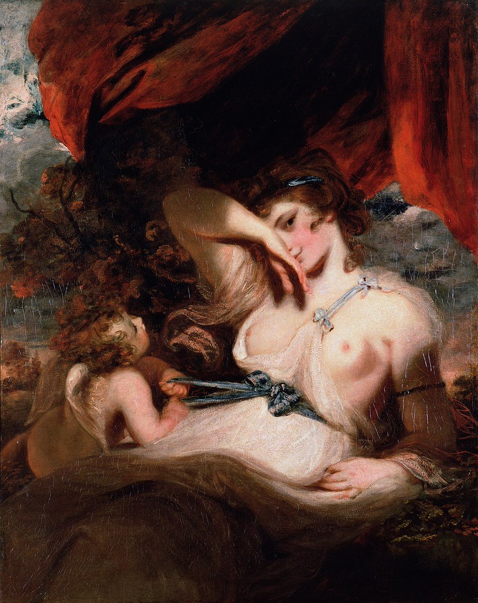 ArtorOtherThing's tweet photo. Love Untying the Girdle of Venus, Joshua Reynolds, 1788.

Some historians believe the model for this Venus was Emma Hart, at the time the mistress of Sir William Hamilton in Naples, though the resemblance isn't fully confirmed. Reynolds actually wanted to call the painting "Half Consenting" before settling on something tamer. A decade later Emma would become far more famous as Lord Nelson's mistress. In 1788 she was still just Reynolds's model.