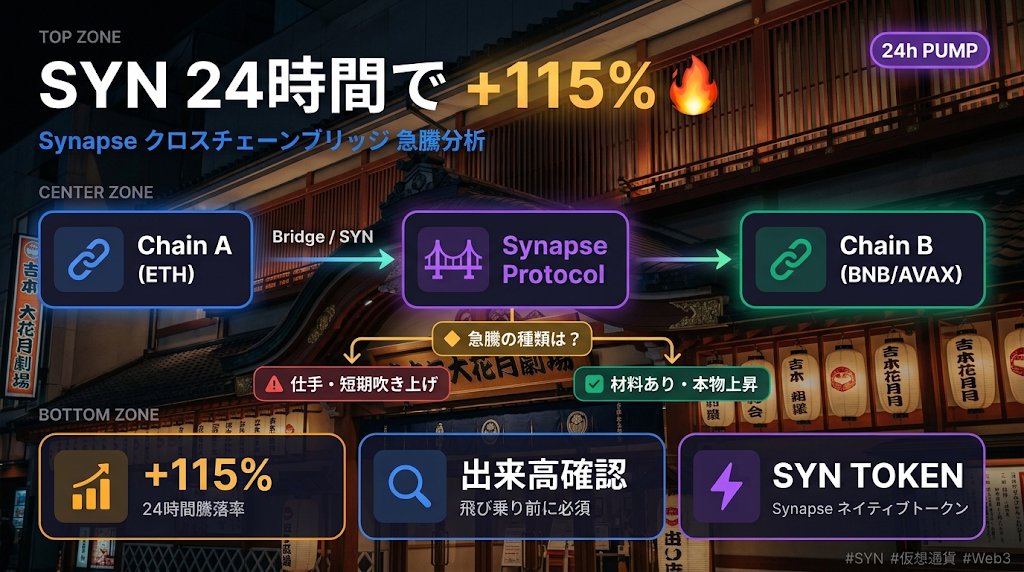 kn6954's tweet photo. 24時間で2倍以上😅

Synapse（SYN）が24時間で+115%という、ちょっと目を疑う動きをしています。

なんでこんなに動いたのか、正直まだ断言はできないんですが、SynapseはクロスチェーンブリッジのDeFiプロトコル（＝異なるブロックチェーン間でお金を動かすインフラ）として知られていて、過去には大規模なハック被害もあったプロジェクト。

それがこの動き、
というのは何かしら材料が出た可能性が高い。

「面白いな」とは思いつつ、今から追いかける気にはなれない。

SYNをウォレットで持ちたい方はMetaMaskかPhantomで対応しています。DEX（分散型取引所）のUniswapやSushiSwapから購入できますよ。

あなたはこういう急騰コイン、どう動きますか？

#SYN #仮想通貨 #Web3