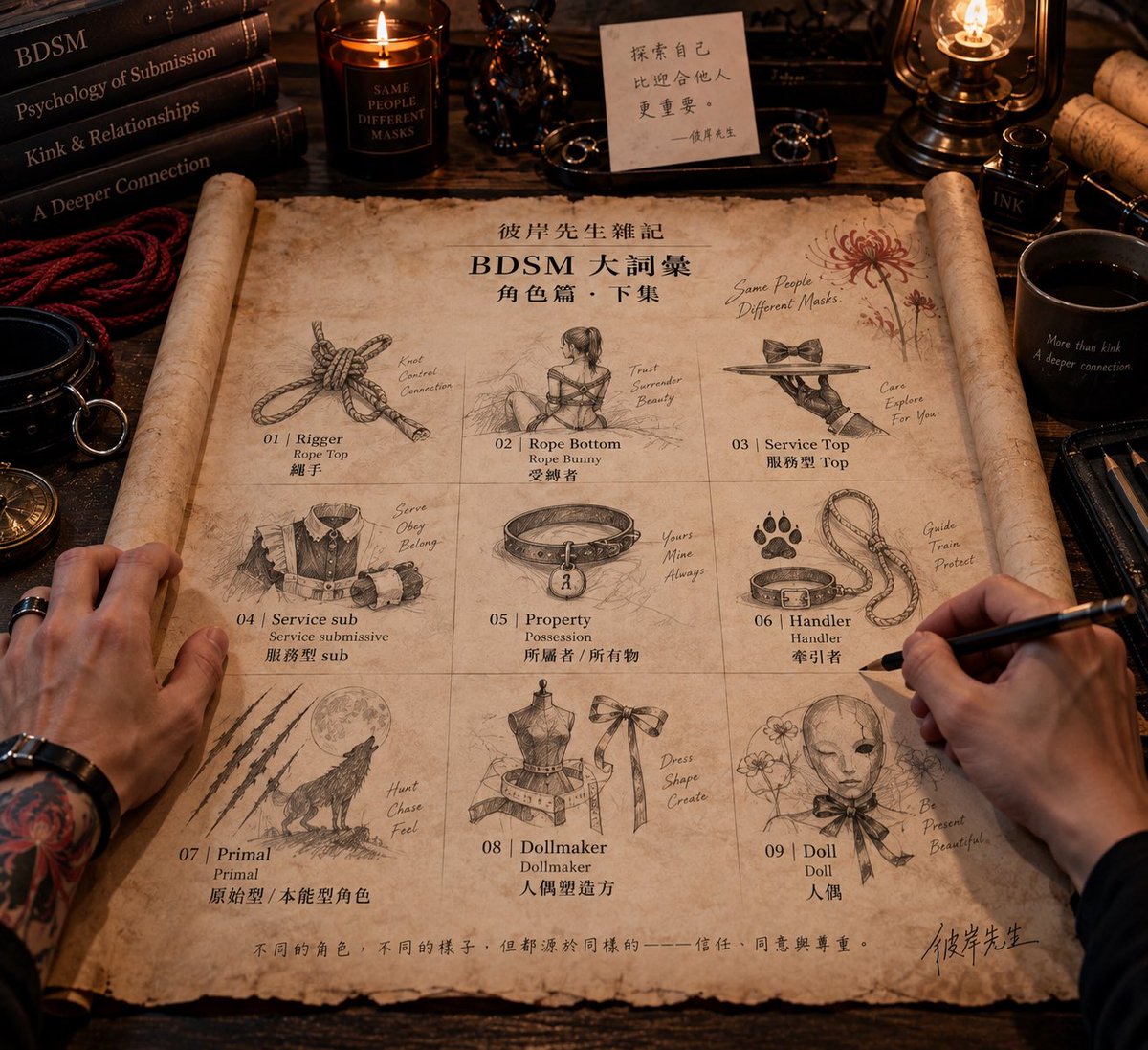 XBiAnMr's tweet photo. 彼岸先生雜記
BDSM 大詞彙｜角色篇・下集

01｜Rigger / Rope Top / 繩手

在繩縛互動中，負責使用繩索進行綁縛的一方，通常也需要掌握繩縛技巧與安全。

Rigger 不等於 Dom。

註：
Rigger 說的是繩縛中的角色位置，不代表一定擁有支配權。

02｜Rope Bottom / Rope Bunny / 受縛者

在繩縛互動中接受被綁的一方，可能享受繩索觸感、束縛感、姿勢或繩縛帶來的身體體驗。

Rope Bottom 不等於 sub。

註：
Rope Bunny 是社群中常見的相關稱呼；接受繩縛，不代表把權力交給對方。

03｜Service Top / Service Top / 服務型 Top

在具體玩法中擔任 Top，但較重視依照對方的需求，提供對方想要的體驗或刺激。

Service Top 不等於 Dom。

註：
「服務型」不是指臣服，而是施作的重點較偏向對方想獲得的體驗。

04｜Service sub / Service submissive / 服務型 sub

喜歡透過服務、照料、完成任務或協助對方，來表達臣服的一方。

註：
服務內容與程度由雙方決定；Servant、Maid、Butler 等角色可能與此有所重疊，但不一定完全相同。

05｜Property / Possession / 所屬者／所有物

在雙方同意的權力交換關係中，把「屬於某人」視為自身角色認同重要部分的一方。

可能與 sub、slave 等角色重疊，但更強調歸屬與被擁有的概念。

註：
這裡的「擁有」是成年人雙方同意下的關係角色，不代表現實法律上的所有權。

06｜Handler / Handler / 牽引者

在 Pet Play、Puppy Play 等角色互動中，負責引導、管理、照護或訓練 Pet 的一方。

Handler 不一定等於 Owner。

註：
Owner 較強調擁有與歸屬；Handler 較強調引導、管理與照護，不同社群中也可能使用 Trainer（訓練者）等相關稱呼。

07｜Primal / Primal / 原始型／本能型角色

偏好以本能、身體感與較原始的方式進行互動的角色，可能包含追逐、掙扎、捕捉等形式。

常見角色位置包含 Predator / Hunter（獵捕者）與 Prey（獵物）。

註：
Primal 不等於 Dom / sub；Predator 不一定是 Dom，Prey 也不一定是 sub。

08｜Dollmaker / Dollmaker / 人偶塑造方

在 Doll 相關互動中，喜歡透過裝扮、姿勢、外觀或其他方式塑造 Doll 的一方。

註：
Dollmaker 是相對較少見的社群角色稱呼，不代表所有與 Doll 互動的一方都會使用這個身分。

09｜Doll / Doll / 人偶

在 BDSM／kink 互動中，以「人偶」作為角色認同的一方，可能喜歡被裝扮、擺弄、塑造或展示。

註：
Doll 的形式很多，可能涉及物化、控制、審美或角色扮演，不代表所有 Doll 都喜歡相同的玩法。

以上文章為彼岸先生個人認知、想法與分類整理，部分內容參考網路文章及學術文獻查證。