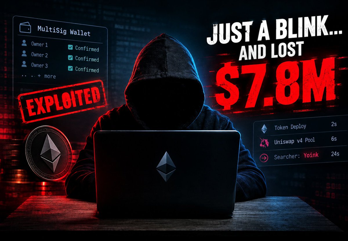 P4Provider's tweet photo. Just imagine you blink eye and loss $7.8M, Yes it is not a joke it happened today

$7.8M was stored in a multi signature wallet

The Safe itself wasn’t hacked

The owner keys weren’t cracked

Kelp wasn’t insolvent

So how did the money disappear?

A user had enabled an automation/module stack that could move funds without requiring a fresh multisig signature every time. One of those components exposed a dangerous authorization path.

An attacker found it.

In roughly 24 seconds, they deployed a worthless token, created a Uniswap v4 pool against rsETH collateral, and prepared the extraction.

Then the memepool comes into the scene

A searcher called “Yoink” copied the profitable transaction, got it into block #1, and captured roughly 2,900 rsETH worth about $7.8M before the original exploit could suceceed

That creates an even stranger situation

The attacker lost the money they were trying to steal

But the searcher that front-ran the exploit got the assets instead

And no, that doesn’t automatically make Yoink a whitehat. The funds were not returned to the victim, and Yoink later liquidated additional collateral from the same position

The bigger lesson for crypto users is much more uncomfortable:

A multisig can have strong owner security while still carrying dangerous permissions that owner grant.

Every module, router, keeper and automation contract expands the attack surface.

The blockchain may be working exactly as designed.

Your permission model can still be broken.

That’s the part people usually notice only after millions are gone.