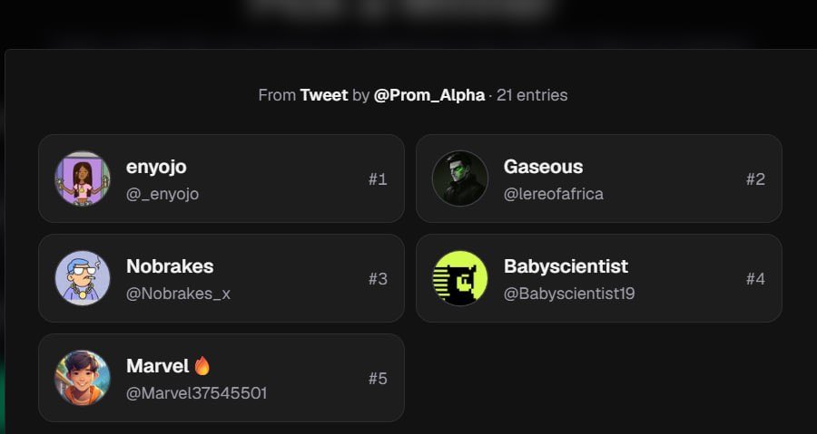 Prom_Alpha's tweet photo. Winners @_enyojo @lereofafrica @Nobrakes_x @Babyscientist19 @Marvel37545501 

Draw link: https://t.co/Ayv32SfpT1 #xpickr https://t.co/mEy6gQxpy8
