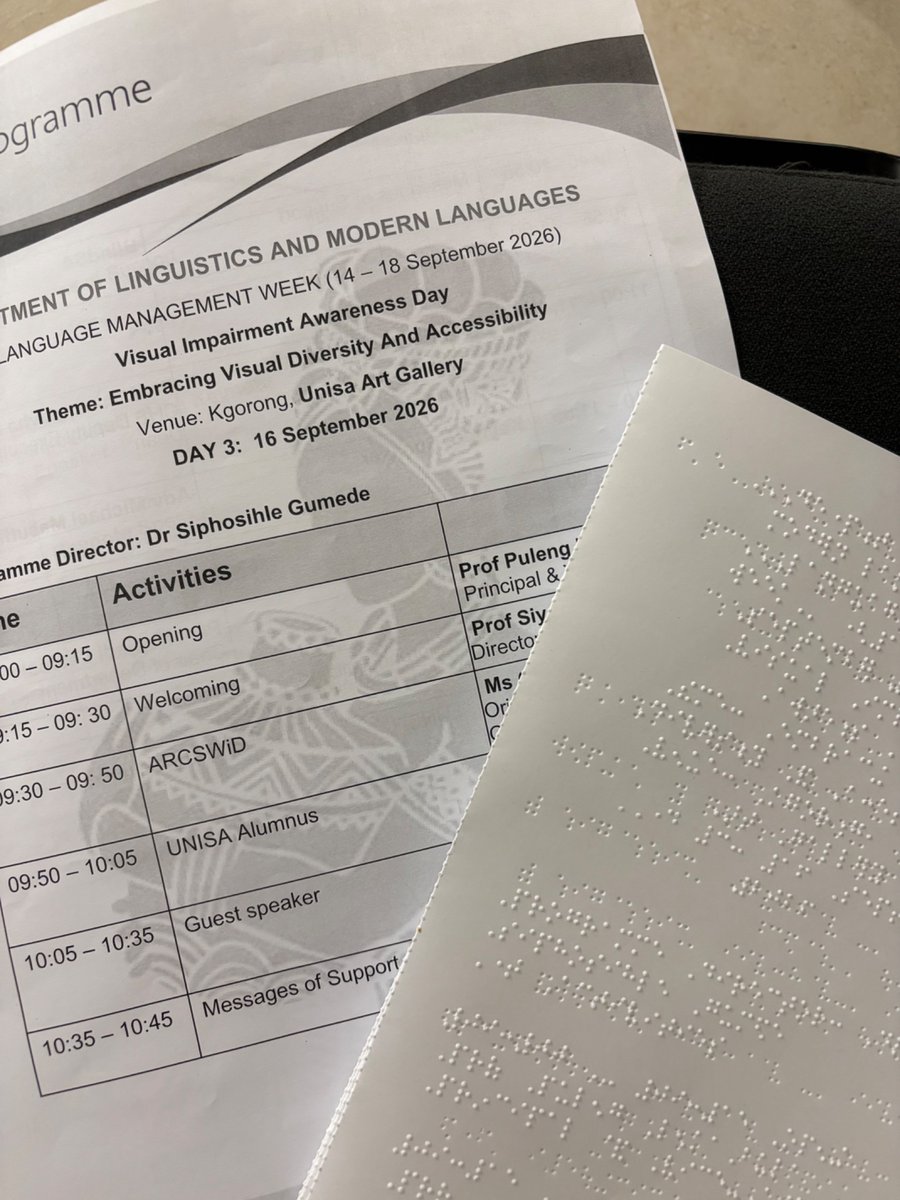 LinguisticUnisa's tweet photo. We pride ourselves on making events accessible in our department. At today’s Visual Impairment Awareness event, we have braille programmes available for blind and visually impaired guests. 

#LanguageManagementWeek https://t.co/5TGg3UctbK