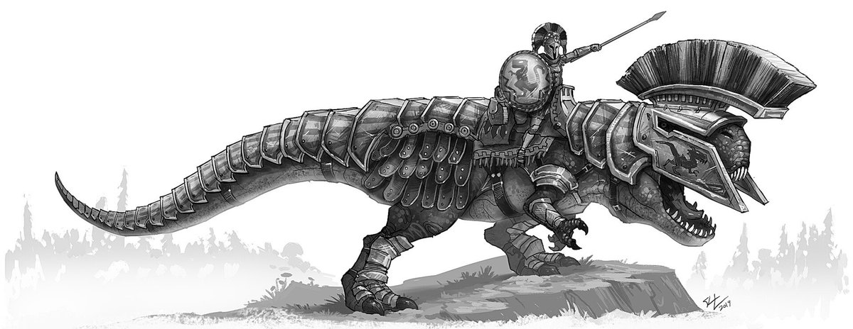 CorporalRex's tweet photo. How large of a battlefield between two bronze age states each wielding 300 dinosaur mounts and 24,000 soldiers would be? Art by Shaun Keenan https://t.co/PBT1no1NH8
