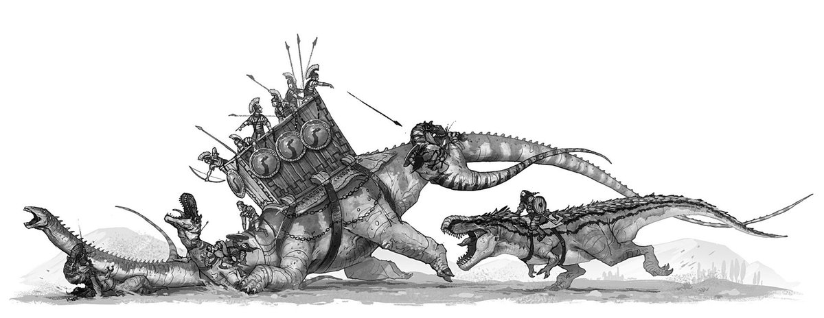 CorporalRex's tweet photo. How large of a battlefield between two bronze age states each wielding 300 dinosaur mounts and 24,000 soldiers would be? Art by Shaun Keenan https://t.co/PBT1no1NH8