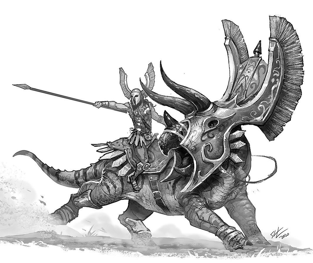 CorporalRex's tweet photo. How large of a battlefield between two bronze age states each wielding 300 dinosaur mounts and 24,000 soldiers would be? Art by Shaun Keenan https://t.co/PBT1no1NH8