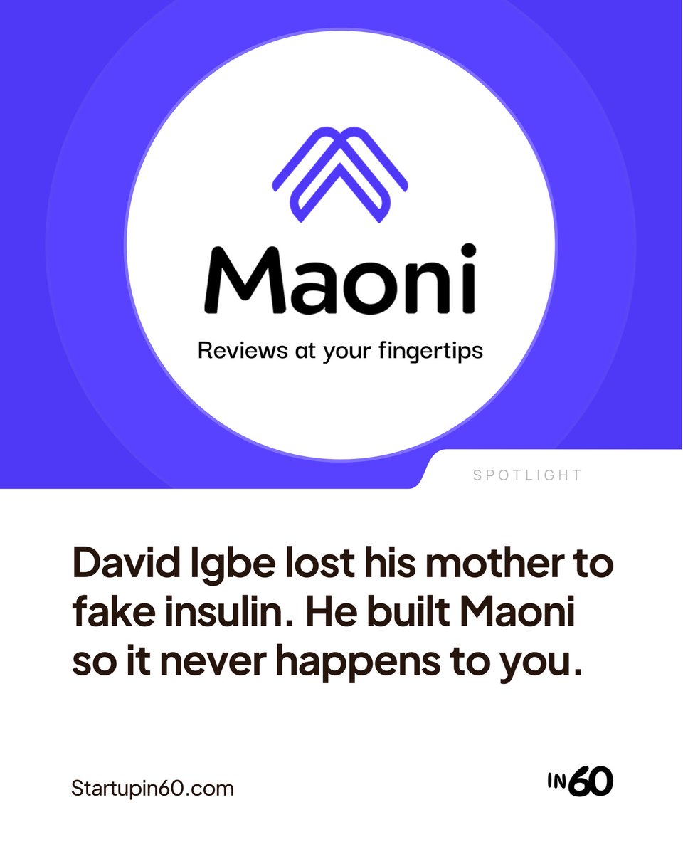 startupIn60's tweet photo. David Igbe was nine years old when his mother died from counterfeit insulin bought at a local pharmacy.

He grew up, worked at IBM and the New York Stock Exchange, came back to Nigeria, and built Maoni.

Full story: https://t.co/ArcVZc8Olo https://t.co/7Icz4ZmJTi