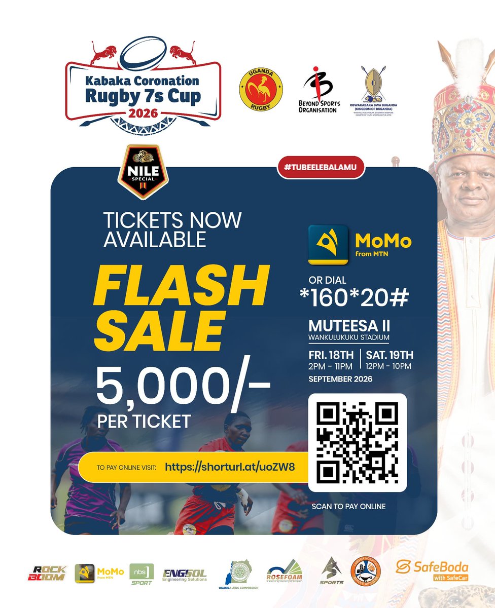Coronation7s's tweet photo. 🚨 FLASH SALE ALERT! ⚡

Grab your tickets to the #KabakaCoronation7s for UGX 5,000 ONLY! 🎟️🏉

Don't wait offer valid for a limited time!

📲 How to Pay:
Dial *160*20# on MTN MoMo
Pay online: https://t.co/qP0OhcB2Fs

#TubeereBalamu #Ugrugby7sseries #UgandaRugby https://t.co/XkaxiLPd7F