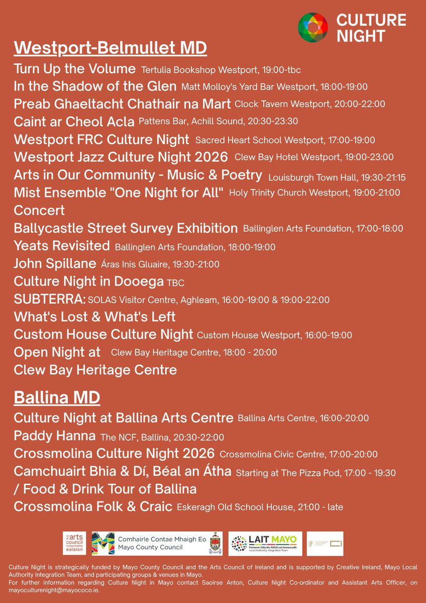 mayoppnetwork's tweet photo. The 21st edition of Culture Night will take place on Friday 18 September 2026.  Check out some of what's on offer in Mayo!  
All events are free of charge.   
More information: https://t.co/E2wTKln39x
@MayoDotIE @MayoCulture @artscouncil_ie
@creativeirl @MayoLibrary @MayoCoCo https://t.co/E12fqW6lmd