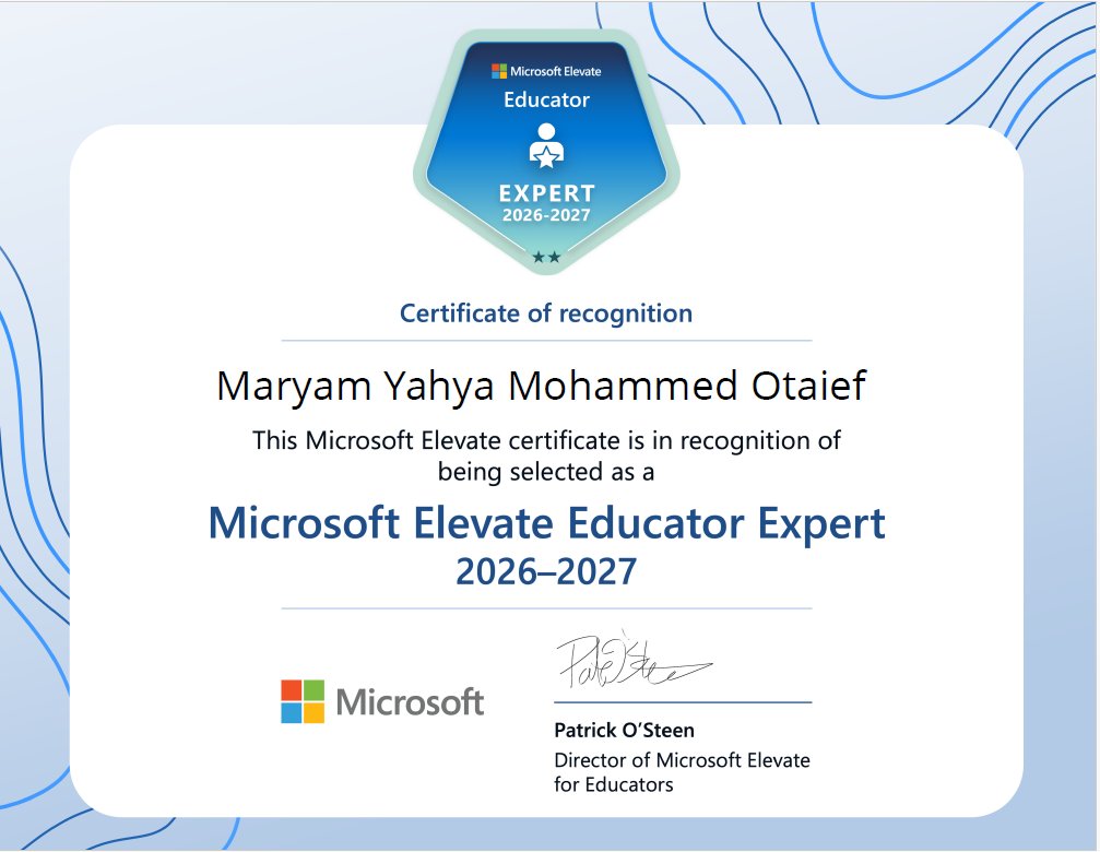 myo11130108's tweet photo. بفضل الله وتوفيقه، تم تجديد اختياري للمرة الثامنة على التوالي ضمن خبراء مايكروسوفت في التعليم المبتكر 
Microsoft Elevate Educator Expert 2026–2027
@niepd_edu 
@Microsoft_Saudi
@MicrosoftLearn
@Microsoft
@abeermehdar
#MicrosoftCreativeteam https://t.co/MZfoibFoe1