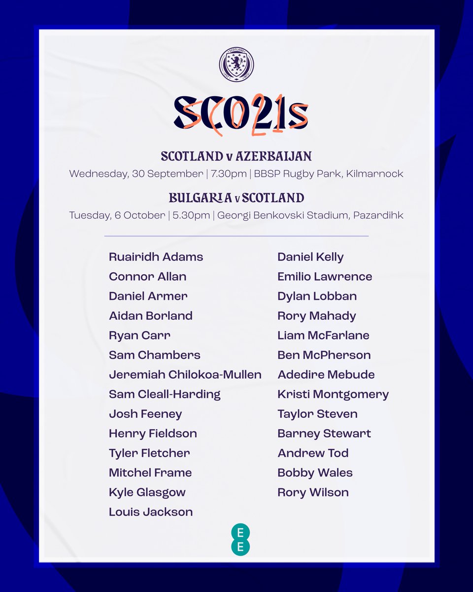 ScotlandNT's tweet photo. #SCO21s | Tony Docherty names his first Scotland Men's Under-21s squad for upcoming Qualifiers versus Azerbaijan and Bulgaria 🏴󠁧󠁢󠁳󠁣󠁴󠁿

➡️ Read more here: https://t.co/2FRcBqE9zR
🎟️ Tickets on sale here: https://t.co/ahhoLWZEOA

#YoungTeam https://t.co/bvfw7He6KR