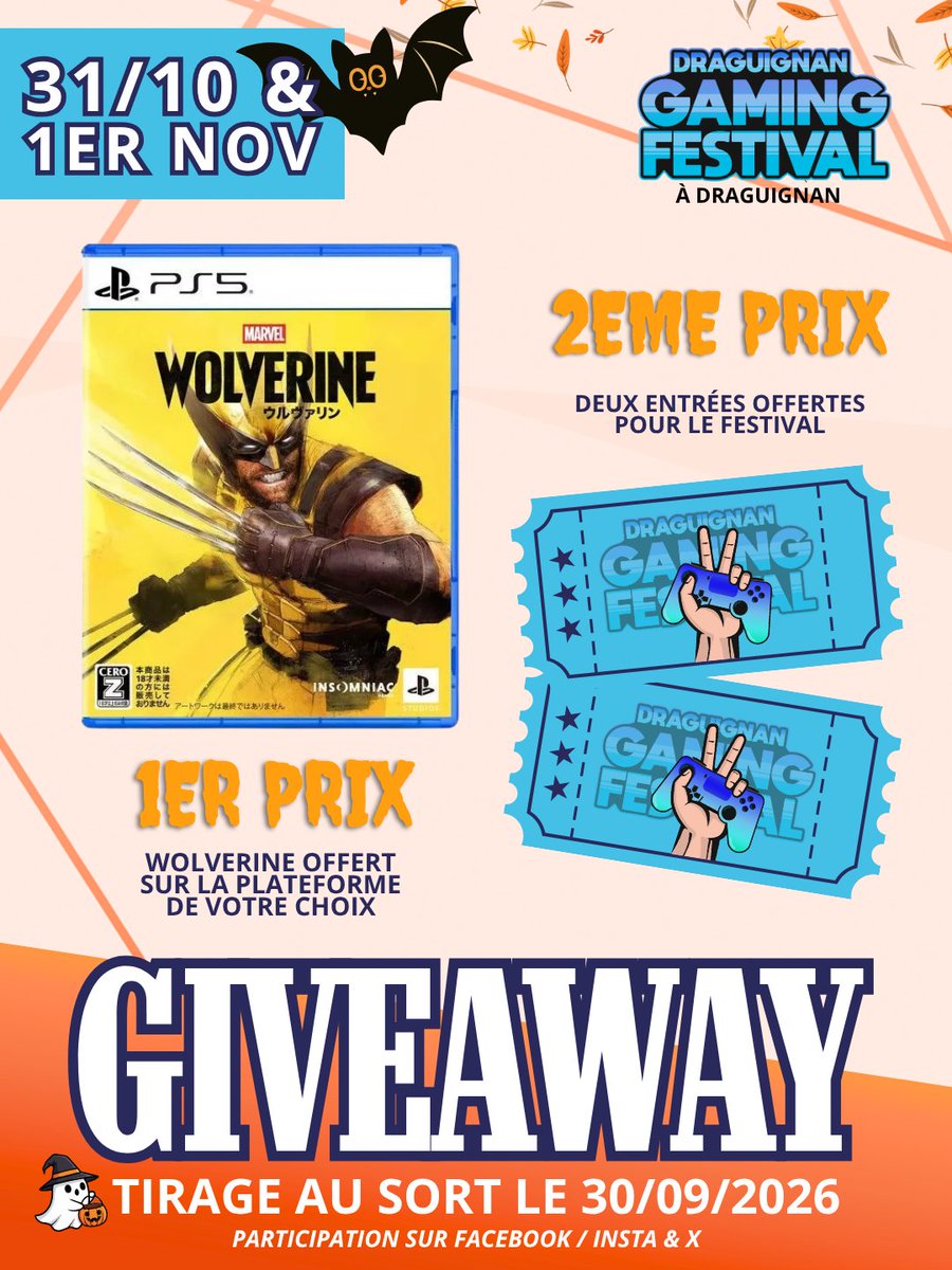 DraguignanGame's tweet photo. 🎃🎮 GIVEAWAY – DGF ! 🎮🎃

À l’approche du DGF, on vous prépare un nouveau concours avec de beaux cadeaux à gagner ! 🔥

🥇 1er prix : le jeu Marvel’s Wolverine offert sur la plateforme de votre choix
🥈 2e prix : 2 entrées offertes pour le Draguignan Gaming Festival
📅 Tirage au sort le 30 septembre 2026

Le festival vous donne rendez-vous les 31 octobre & 1er novembre 2026 à Draguignan pour un week-end 100 % gaming, esport et pop culture ! 🎮👻

👉 Participez dès maintenant sur Facebook, Instagram et X !

🍀 Bonne chance à toutes et à tous !

#Giveaway #Concours #DraguignanGamingFestival #DGF2026 #Draguignan #Gaming #Esport #MarvelWolverine #JeuVideo #Halloween #PURSPORT
