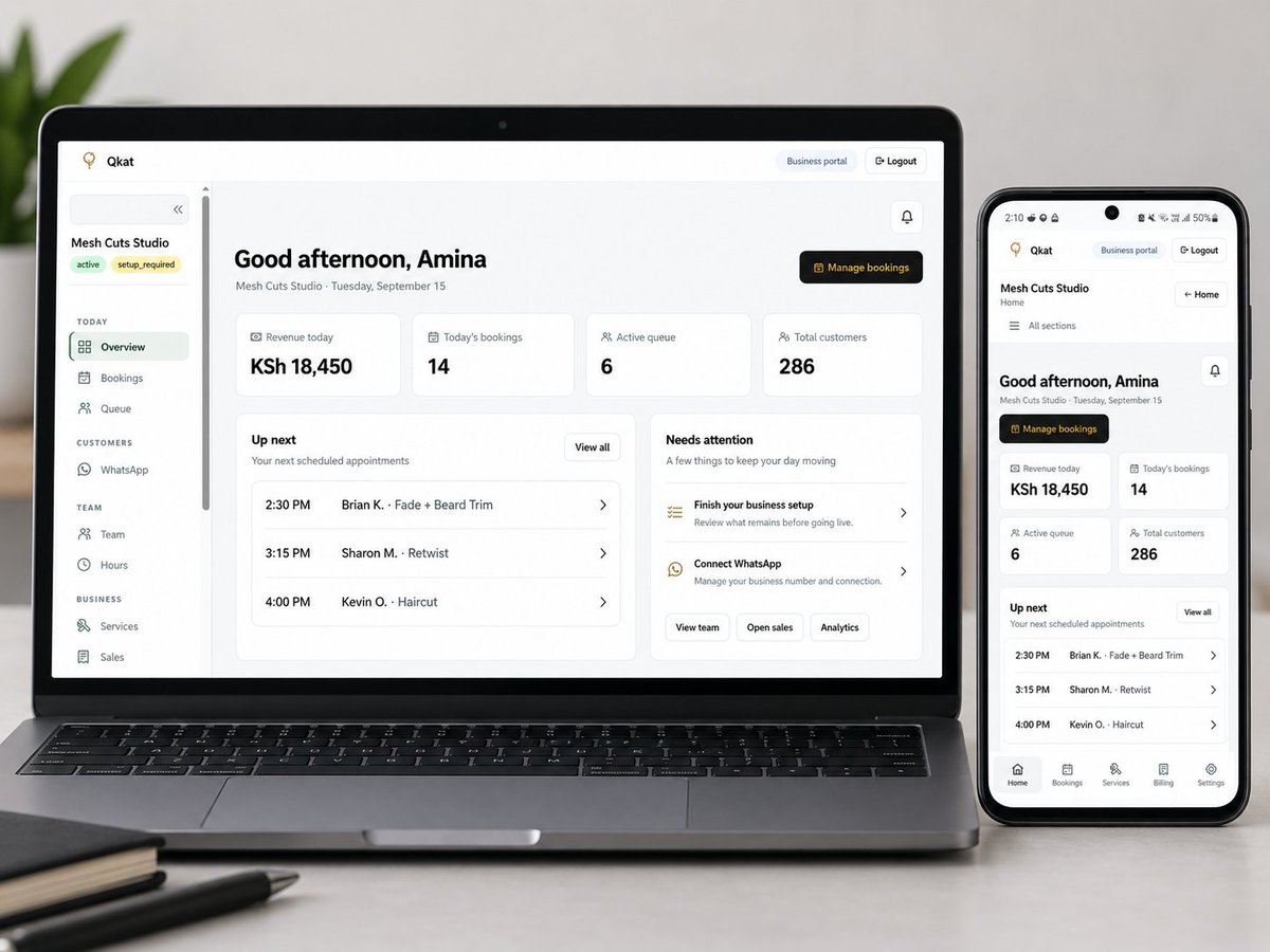 BritaCore's tweet photo. Qkat is becoming the operating system for modern salons and barbershops. Bookings, customers, queues, revenue, services and WhatsApp, all in one place, on desktop and mobile. Less admin. More time serving customers. 
https://t.co/D6FA8SQmzO
#Qkat #SalonSoftware #KenyaStartups https://t.co/DeMyGM1Szy