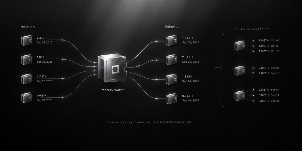 haven_wallet's tweet photo. You do not need a company’s org chart to start mapping its financial relationships.

Open a public treasury wallet on Etherscan.

You can inspect its transactions, recipients, timestamps, and amounts.

Then follow the addresses receiving those funds.

Click into related wallets and inspect their visible incoming and outgoing transfers.

Over time, recurring addresses, payment timing, and repeated transfers can reveal relationships and operating rhythms.

You may not always know who ultimately controls every wallet.

But you can still follow the transaction history that is publicly visible and build a picture from repeated activity.

Specialized wallet-analysis tools can make this much faster by organizing transactions and wallet relationships across large amounts of public blockchain data.

That is why Haven treats treasury privacy as a problem of repeated public relationships, not just individual transactions.