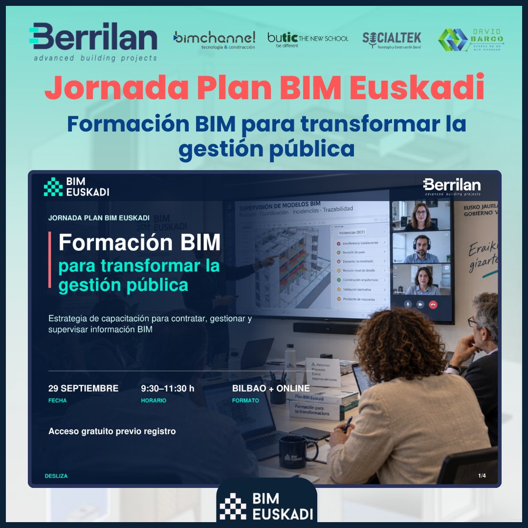 BimChannel's tweet photo. 𝗝𝗢𝗥𝗡𝗔𝗗𝗔 𝗣𝗟𝗔𝗡 #𝗕𝗜𝗠𝗘𝗨𝗦𝗞𝗔𝗗𝗜 | 𝗙𝗢𝗥𝗠𝗔𝗖𝗜𝗢́𝗡 𝗕𝗜𝗠. Hablaremos de cómo adaptar la formación BIM a perfiles, responsabilidades y necesidades de la gestión pública. 📅 29/09 · 9:30–11:30📍 Bilbao + online 🔗 https://t.co/00awTO302n https://t.co/XK7PSRbtNh