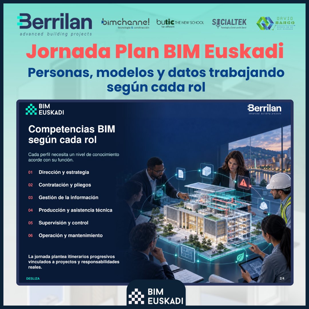 BimChannel's tweet photo. 𝗝𝗢𝗥𝗡𝗔𝗗𝗔 𝗣𝗟𝗔𝗡 #𝗕𝗜𝗠𝗘𝗨𝗦𝗞𝗔𝗗𝗜 | 𝗙𝗢𝗥𝗠𝗔𝗖𝗜𝗢́𝗡 𝗕𝗜𝗠. Hablaremos de cómo adaptar la formación BIM a perfiles, responsabilidades y necesidades de la gestión pública. 📅 29/09 · 9:30–11:30📍 Bilbao + online 🔗 https://t.co/00awTO302n https://t.co/XK7PSRbtNh