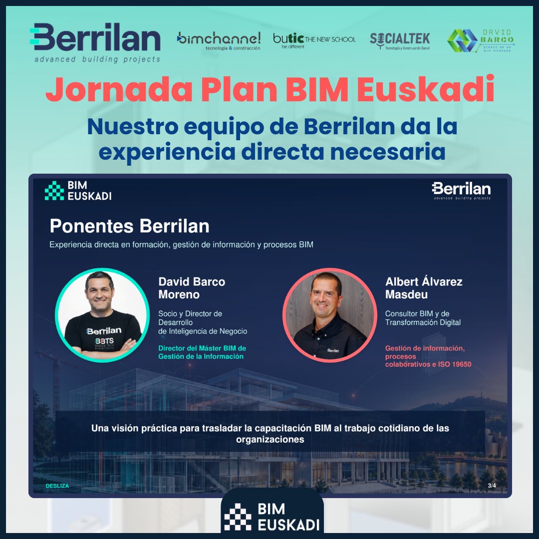 BimChannel's tweet photo. 𝗝𝗢𝗥𝗡𝗔𝗗𝗔 𝗣𝗟𝗔𝗡 #𝗕𝗜𝗠𝗘𝗨𝗦𝗞𝗔𝗗𝗜 | 𝗙𝗢𝗥𝗠𝗔𝗖𝗜𝗢́𝗡 𝗕𝗜𝗠. Hablaremos de cómo adaptar la formación BIM a perfiles, responsabilidades y necesidades de la gestión pública. 📅 29/09 · 9:30–11:30📍 Bilbao + online 🔗 https://t.co/00awTO302n https://t.co/XK7PSRbtNh