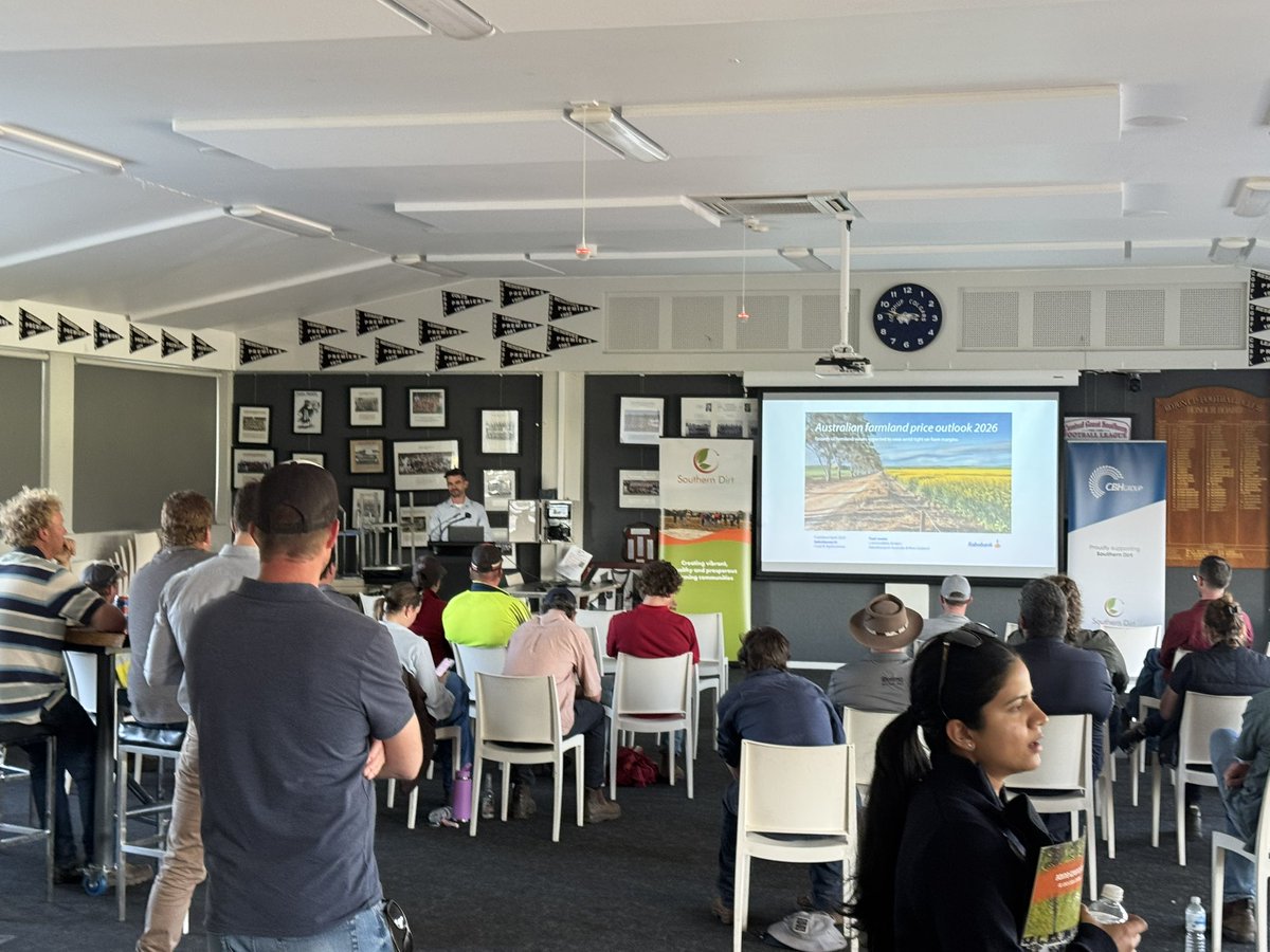 DirtSouthern's tweet photo. Finishing the day with rural land values 🚜📈
Troy Pettersson from Rabobank with a Winter 2026 market update on the forces shaping farmland values locally, across WA and nationally.
#SouthernDirt #LandValues #WAAg https://t.co/Z69cIsjIhs