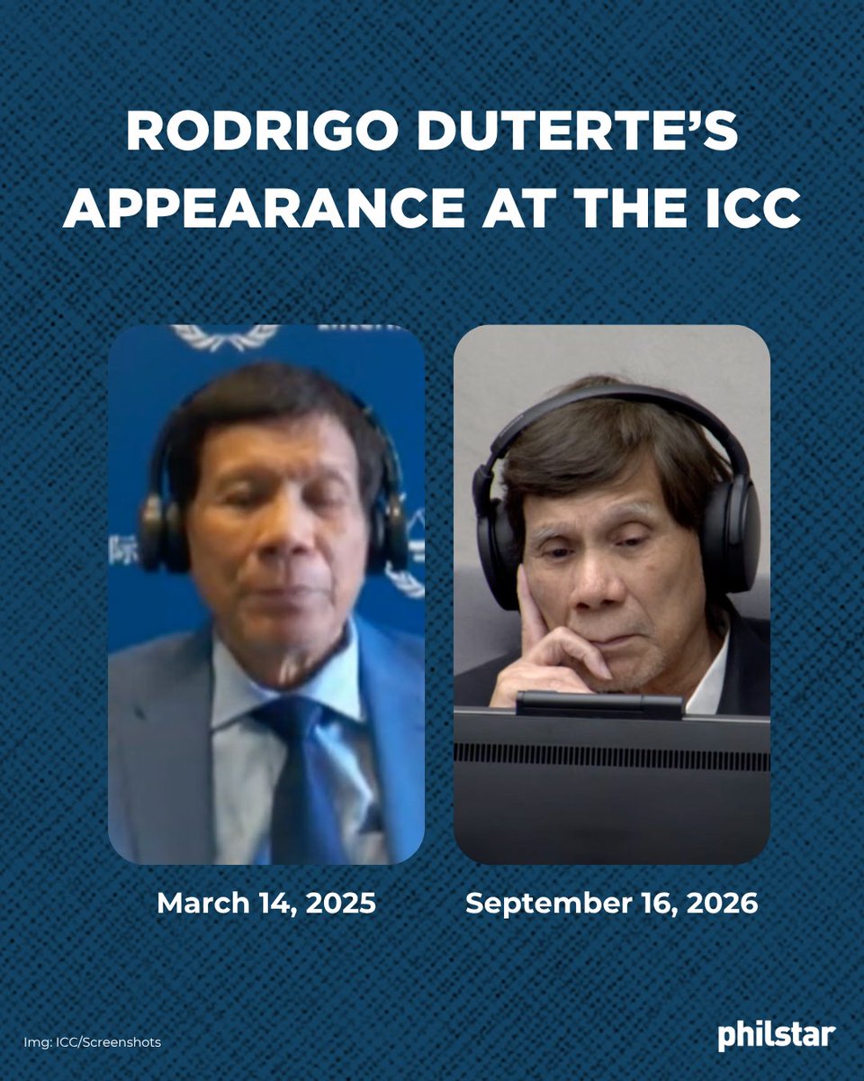 PhilstarNews's tweet photo. DUTERTE 18 MONTHS APART
#DuterteAtICC: Former president Rodrigo Duterte made his initial appearance before the International Criminal Court on March 14, 2025, via video link from the ICC detention center in The Hague, Netherlands.
More than a year later, Duterte made his first public appearance at the third status conference in his case on Wednesday, September 16.
Related: https://t.co/HsNcxNyUu8
LIVESTREAM: https://t.co/kHhPW0u4Kr