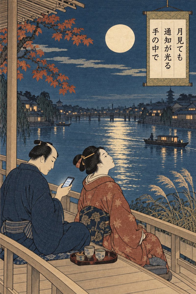 Mar_C_'s tweet photo. 月よりも、通知が気になる秋の夜。

#エド画像川柳 #秋 #浮世絵
※AIで制作した架空の風刺画です。 https://t.co/LDMZvMKAdd