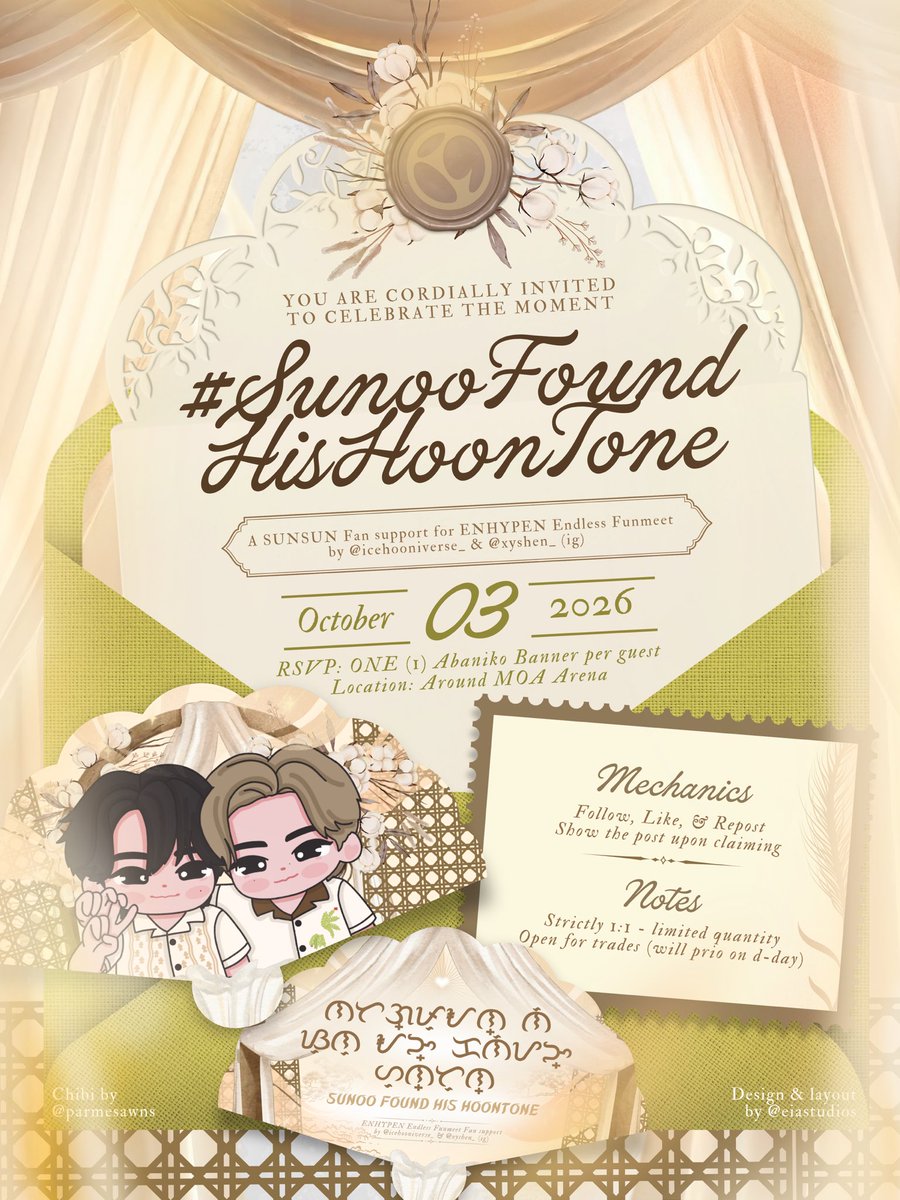 icehooniverse_'s tweet photo. With joy, we announce: #SUNOOfoundhisHOONtone at the ENHYPEN #ENDLESS_Funmeet, a fansupport by — @icehooniverse_ &amp; @/xyshen_ 

Save the date: October 03, 2026 
RSVP: limited to ONE abaniko per guest! 🪭

✦ mbf, like, &amp; rt
✦ will priv on dday
✦ more deets on the invitation! https://t.co/oz9eB9qJRs