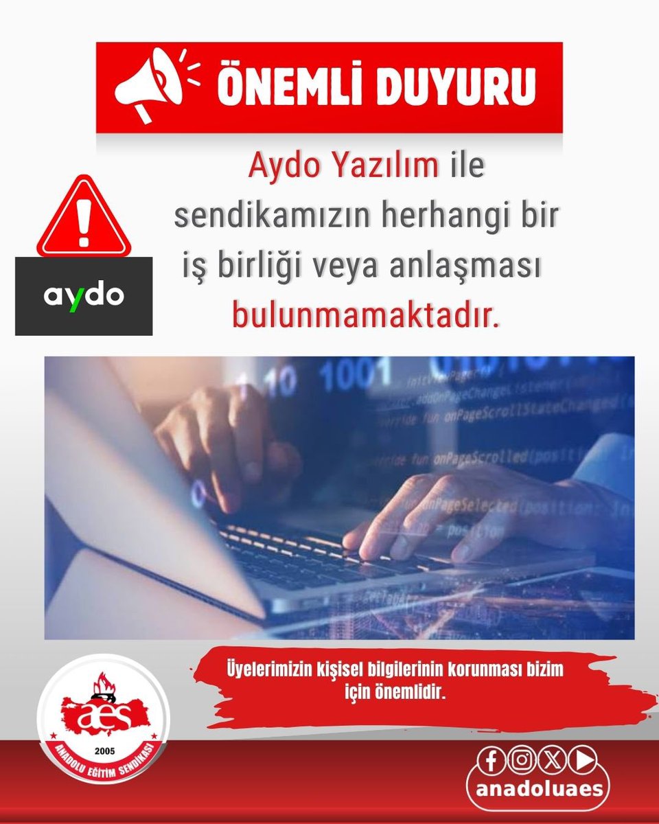 aesizmir's tweet photo. Anadolu Eğitim Sendikası olarak iş birliği yapacağımız paydaşları hassasiyetle seçiyoruz. Üyelerimizin kişisel bilgilerinin korunması en temel  kurumsal sorumluluklarımızdandır. 

Sendikamızın Aydo Yazılım isimli firma ile hiç bir dönem çalışması ve anlaşması olmamıştır. https://t.co/IQaEVDRPA9