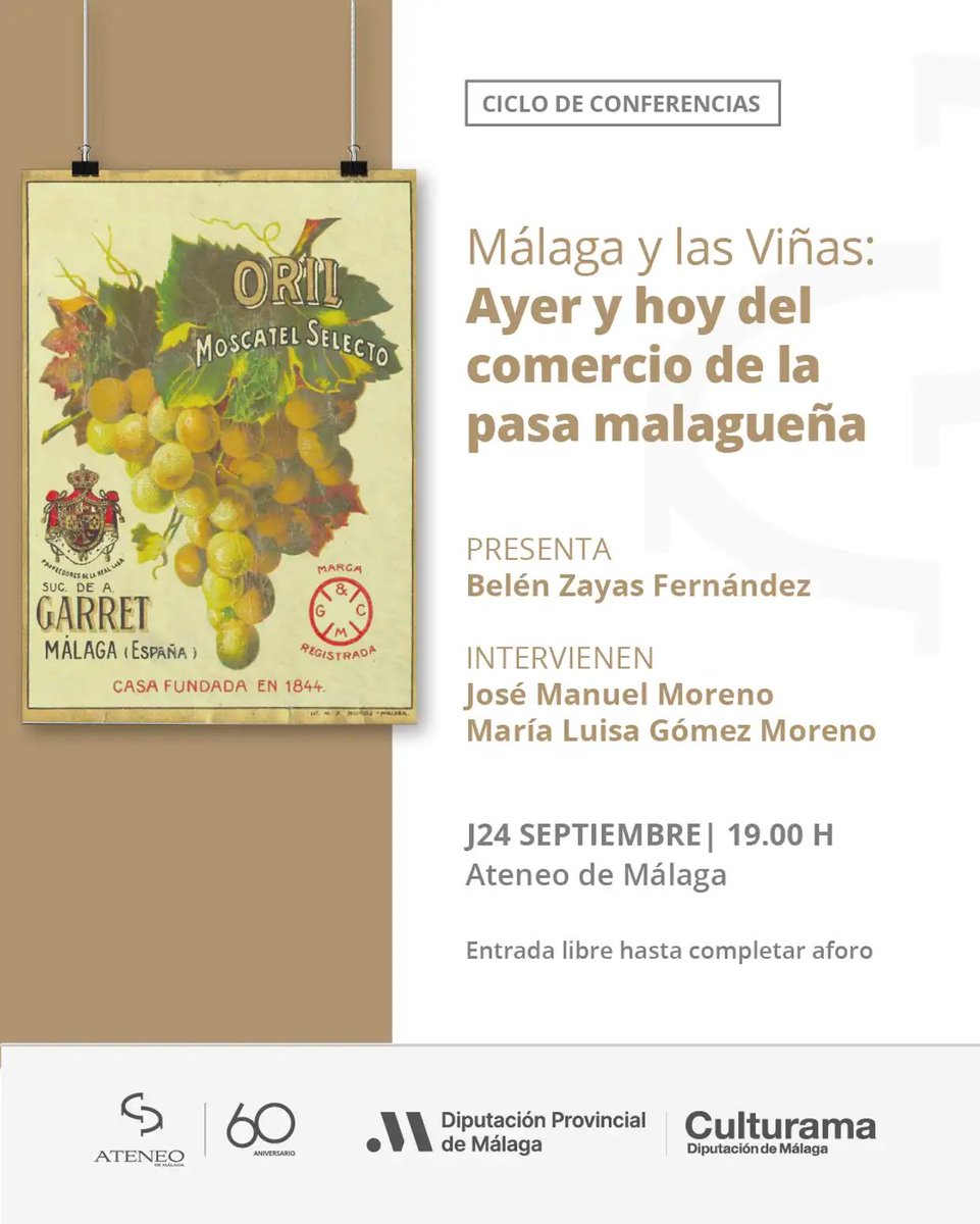 SaboraMalaga's tweet photo. El Ciclo 'Málaga y las Viñas' regresa al Ateneo de Málaga para ahondar en el 'Ayer y hoy del comercio de la pasa malagueña'. Será el jueves 24 de septiembre a las 19:00 al Salón de Actos de la institución 🍇

https://t.co/lNv9PlShhk https://t.co/I2xwMYBJsx