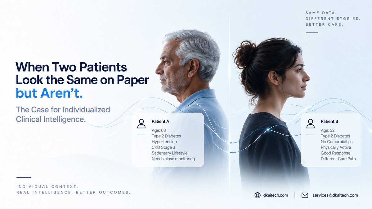 dkai_tech's tweet photo. At DKAi Health, we believe AI should understand not only what a patient has but what makes that patient different.

DKAi Health
Website: https://t.co/lWHvAjnOCl
Email: services@dkaitech.com

#HealthcareAI #ClinicalAI #PersonalizedHealthcare #PrecisionMedicine #ClinicalIntelligence #AIInHealthcare #DigitalHealth #PatientCentricCare #HealthTech #DKAiTech