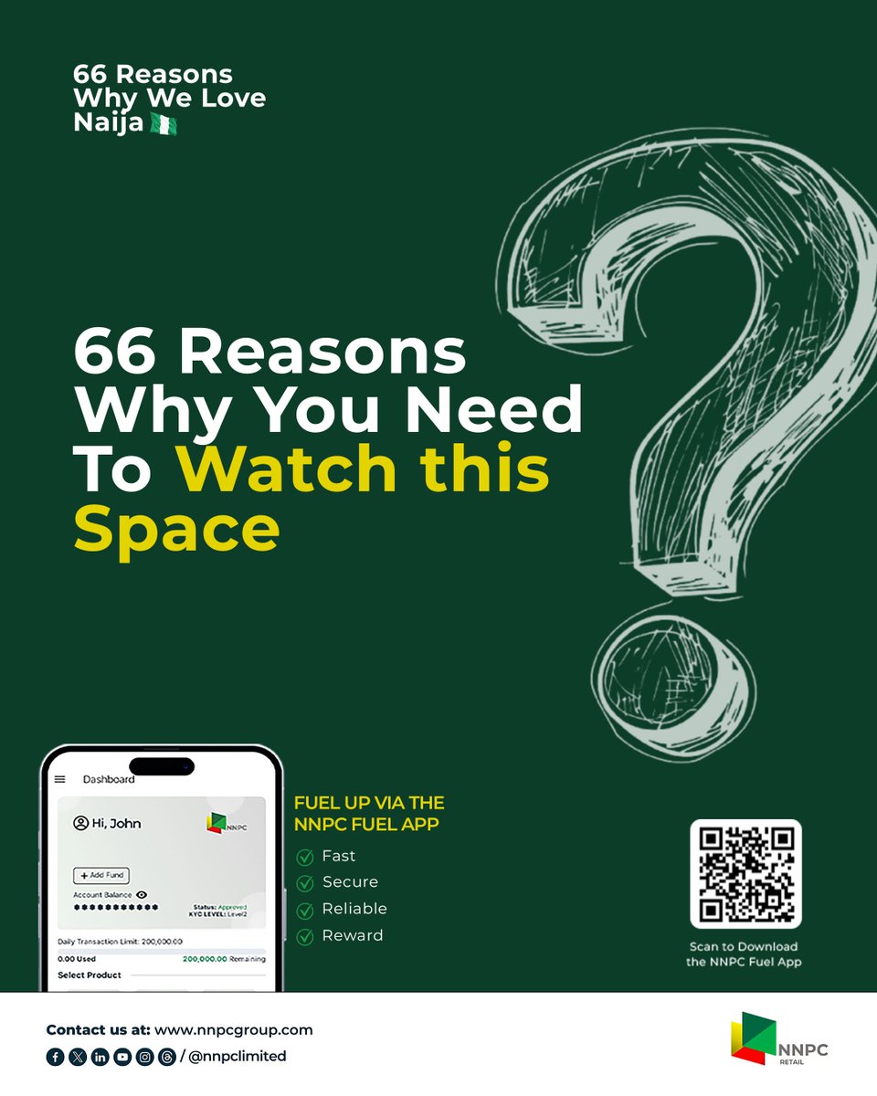 nnpclimited's tweet photo. Nigeria turns 66 on 1 October, and we are counting down 66 reasons why we love Naija… Stay tuned.

Download the NR Fuel App by scanning the QR code or visit https://t.co/NPVnY1sp5r today.

#NNPCNaija66 
#FuelTheFreedom 
#EnergyForToday 
#EnergyForTomorrow https://t.co/AFhrqPWtTJ