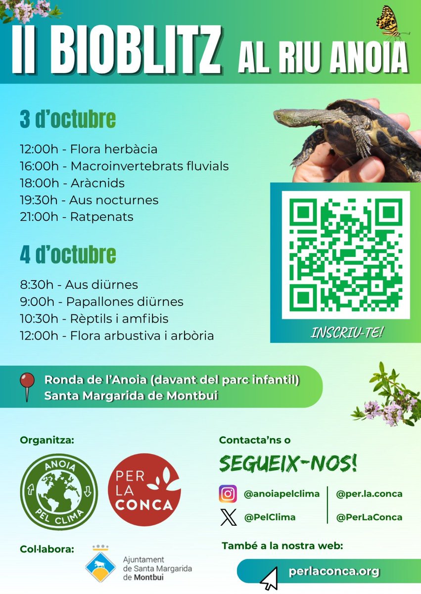 PerLaConca's tweet photo. 🔎🌿 Arriba el II Bioblitz al riu Anoia! 🦋🦇

Durant els dies 3 i 4 d’octubre ens endinsarem al riu Anoia per descobrir, observar i identificar la biodiversitat que hi viu. Una activitat de ciència ciutadana oberta a tothom.

Inscriu-te: https://t.co/2atRiCq8d4

#BioblitzAnoia https://t.co/bEB7rrGyuE