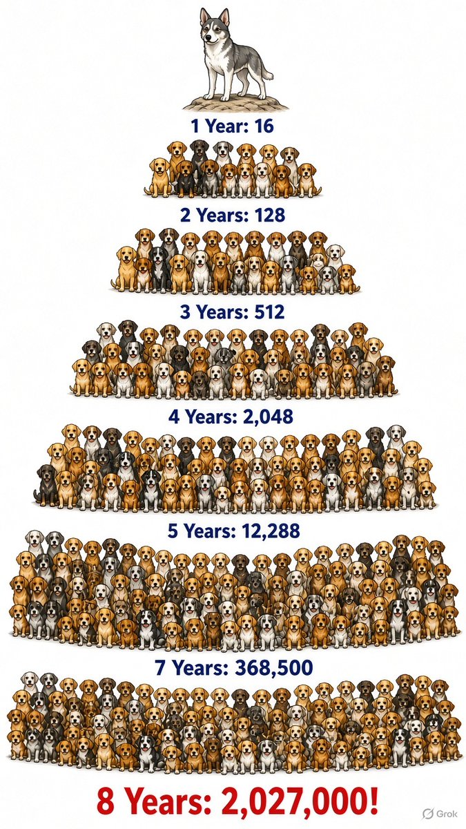 TilluPrime's tweet photo. 1 female stray dog breeding twice a year with litter of 8, 
can increase the dog population to 2 million (20 lakhs) in 8 years. 
This is how exponential population growth works. 
Lesson: There will be 'more' dog bites in coming years. #StrayDogMenace https://t.co/doE7IE0toz