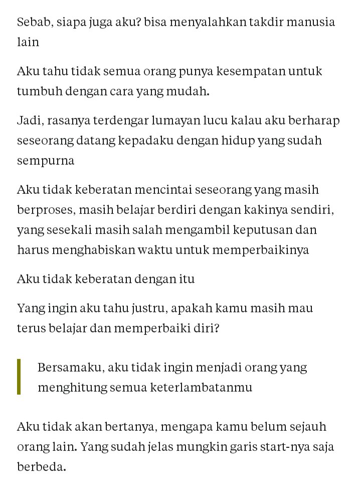 alooziya's tweet photo. "Habis baca apa? Kok kaya mau nangis gitu sih?"
Please, read this one!🥹❤️‍🩹

Sebagai seseorang yang juga lagi di fase "berproses", tulisan ini agak ngena di hati kecilku. Semoga suatu hari nanti Allah mempertemukan aku dengan dia yang mau saling membersamai proses masing-masing... https://t.co/k3blQfadTw