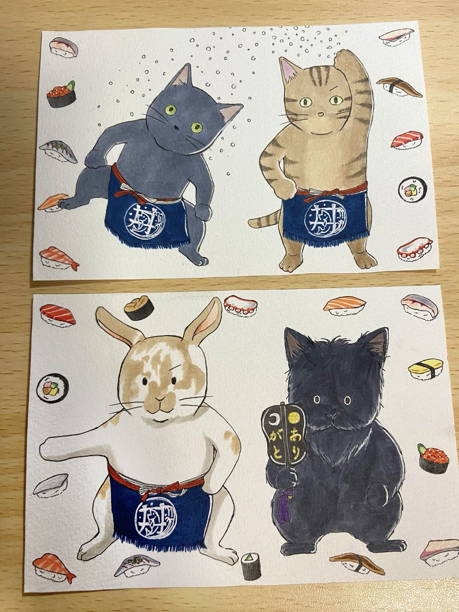 sawara08's tweet photo. 海鮮丼「いったく」店主からのご依頼で描かせていただいたイラスト🐰🍣🐱

元職場のお世話になった方々への贈り物だそうで
その方々の大切なペットを描かせてもらいました
そしてお二方とも大変相撲好きだそう☺️
 #アナログイラスト  #コピック https://t.co/edL76bfkuE